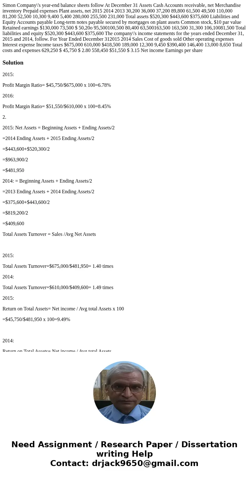  Simon Company\'s year-end balance sheets follow At December 31 Assets Cash Accounts receivable, net Merchandise inventory Prepaid expenses Plant assets, net 20