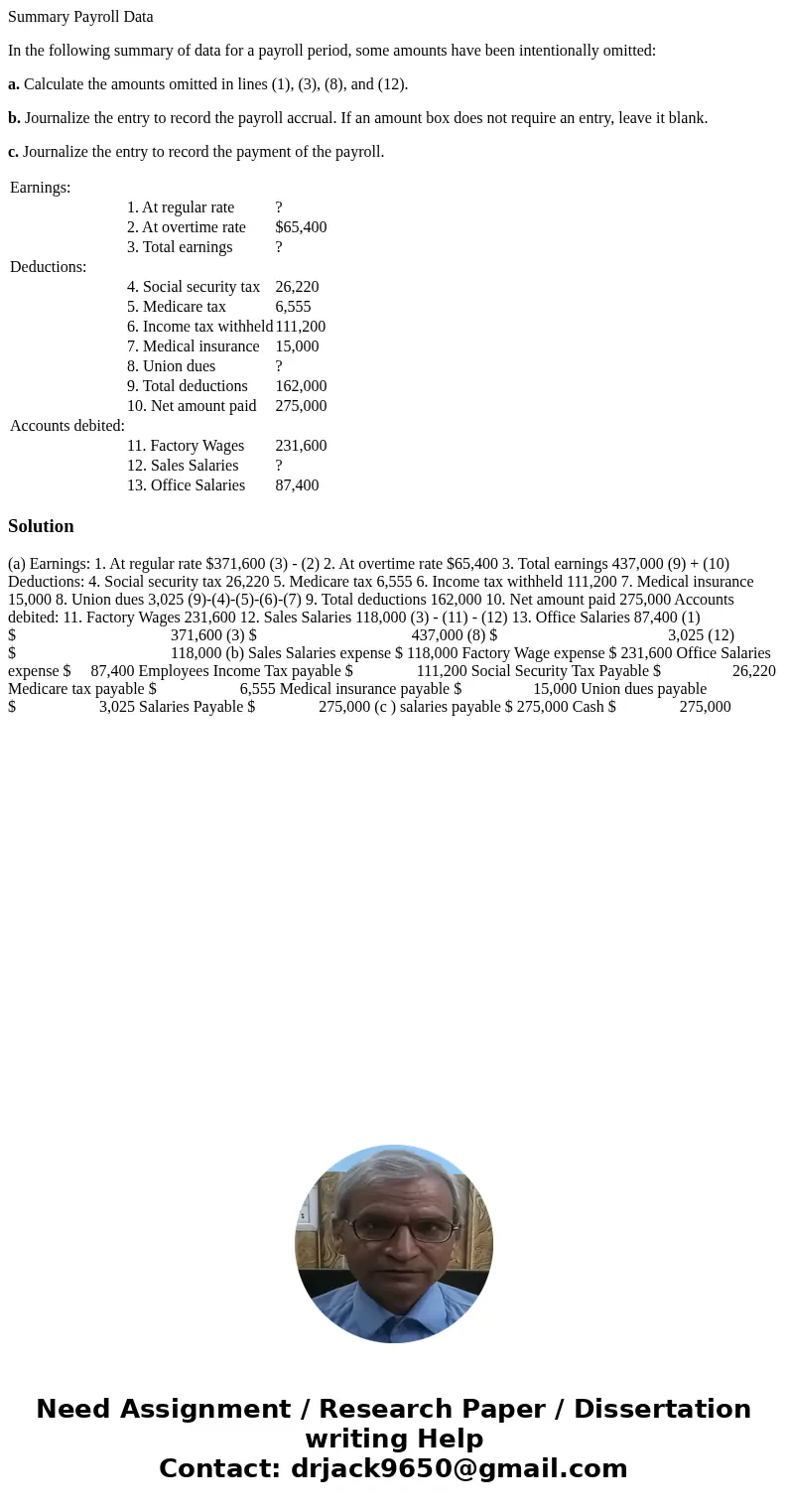 Summary Payroll Data In the following summary of data for a payroll period, some amounts have been intentionally omitted: a. Calculate the amounts omitted in li