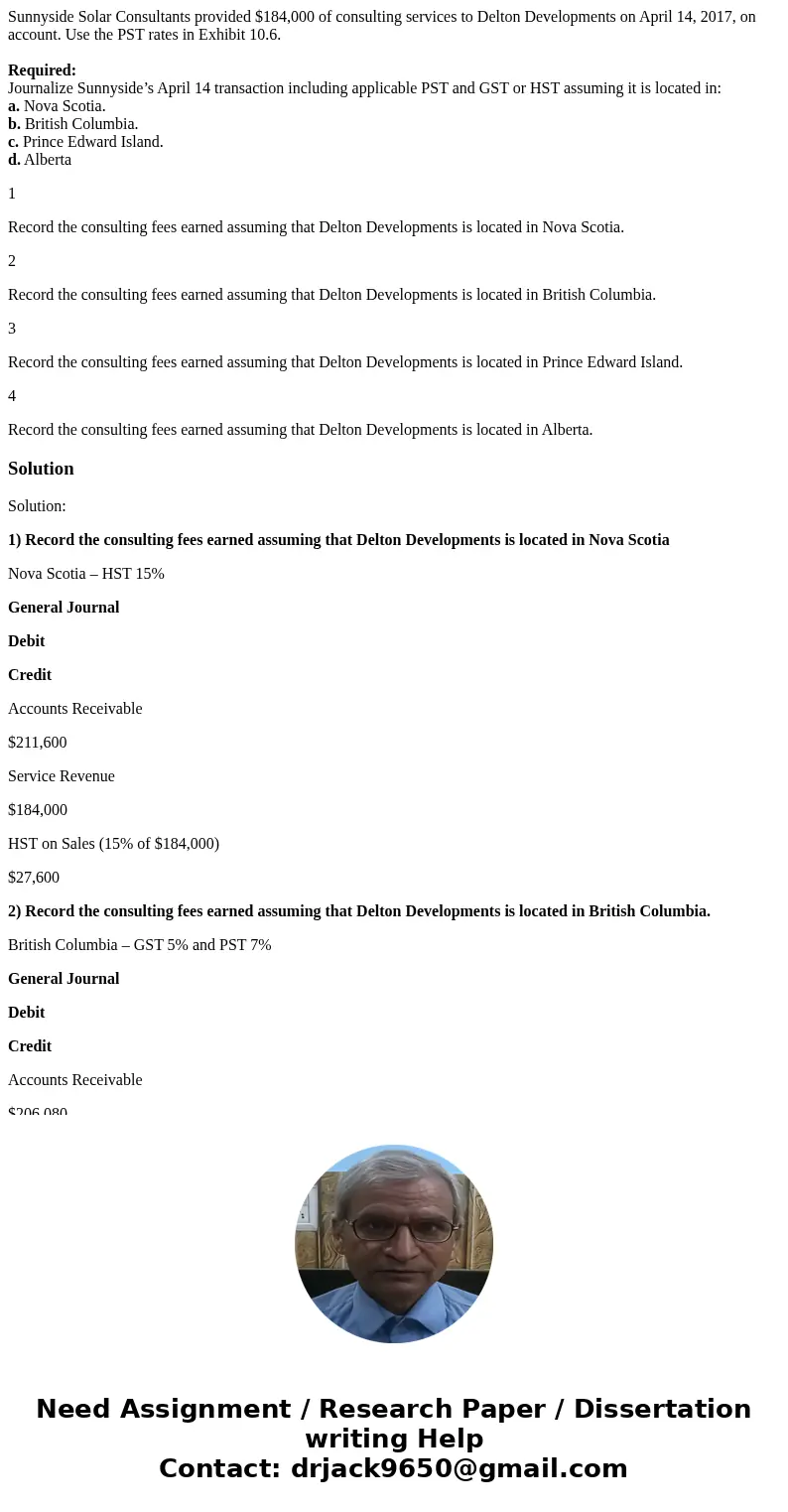 Sunnyside Solar Consultants provided $184,000 of consulting services to Delton Developments on April 14, 2017, on account. Use the PST rates in Exhibit 10.6. Re