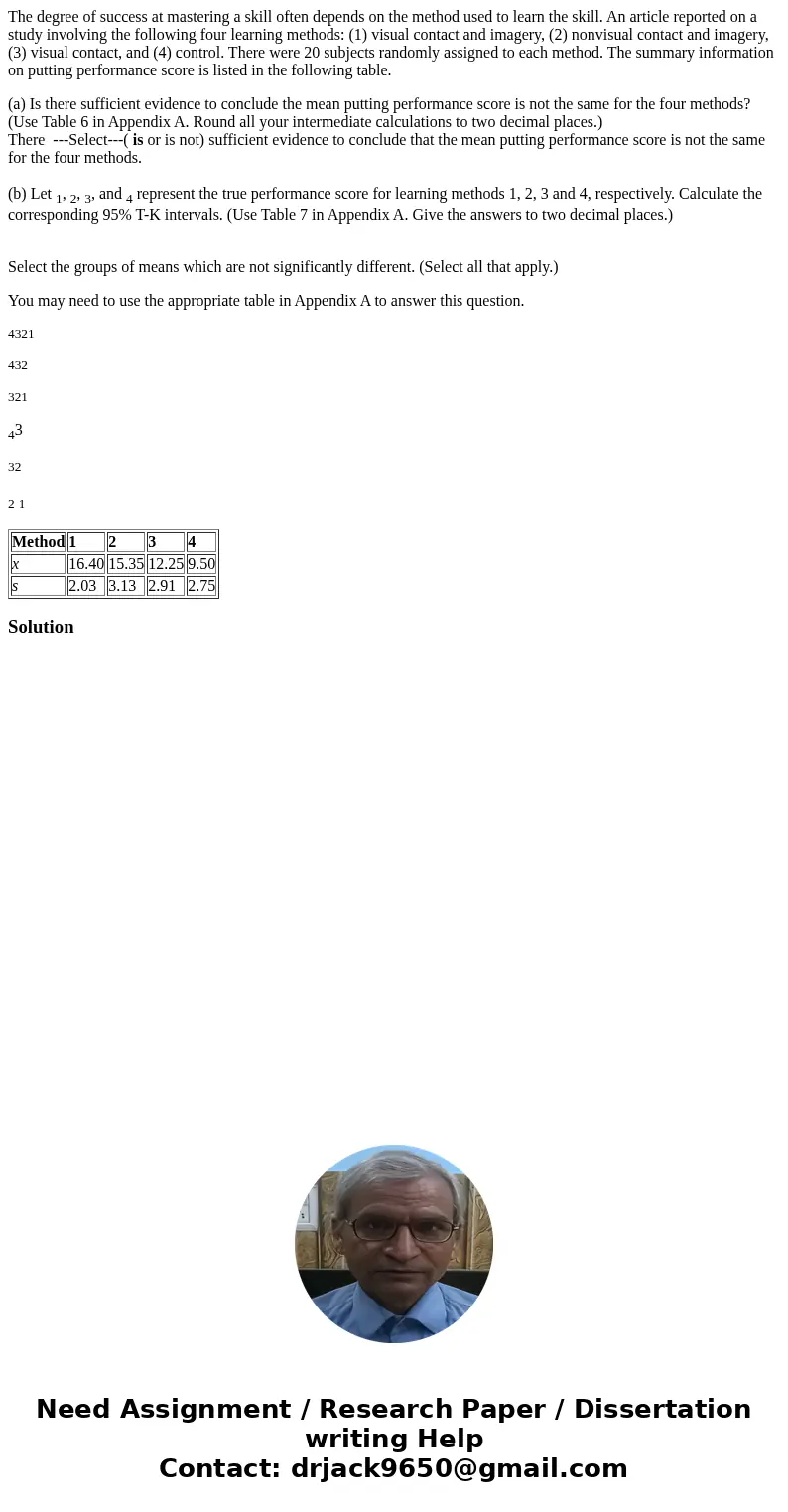 The degree of success at mastering a skill often depends on the method used to learn the skill. An article reported on a study involving the following four lear