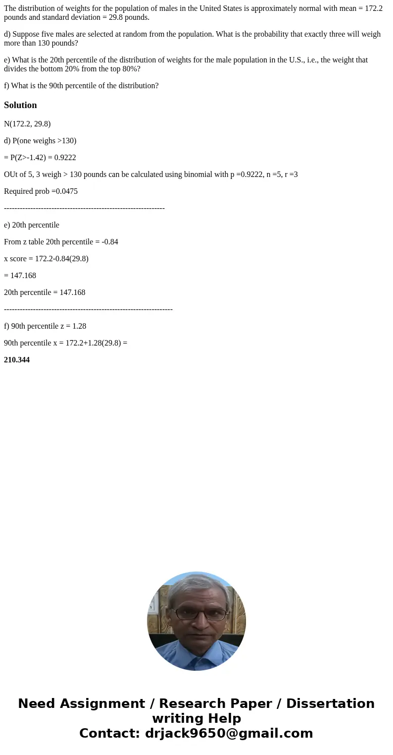 The distribution of weights for the population of males in the United States is approximately normal with mean = 172.2 pounds and standard deviation = 29.8 poun The distribution of weights for the population of males in the United States is approximately normal with mean = 172.2 pounds and standard deviation = 29.8 poun