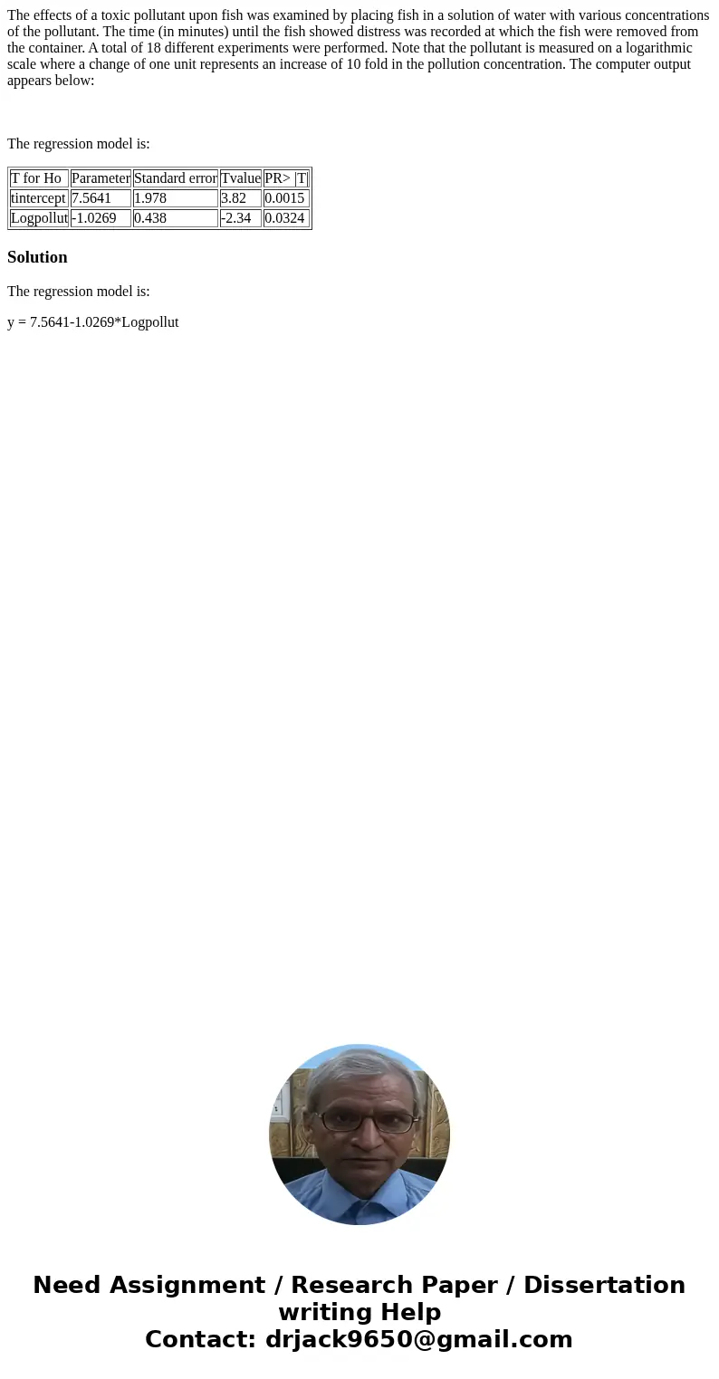 The effects of a toxic pollutant upon fish was examined by placing fish in a solution of water with various concentrations of the pollutant. The time (in minute