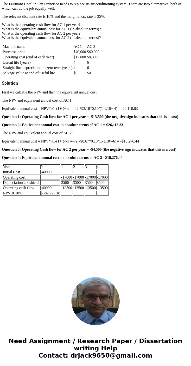 The Fairmont Hotel in San Francisco needs to replace its air conditioning system. There are two alternatives, both of which can do the job equally well: The rel