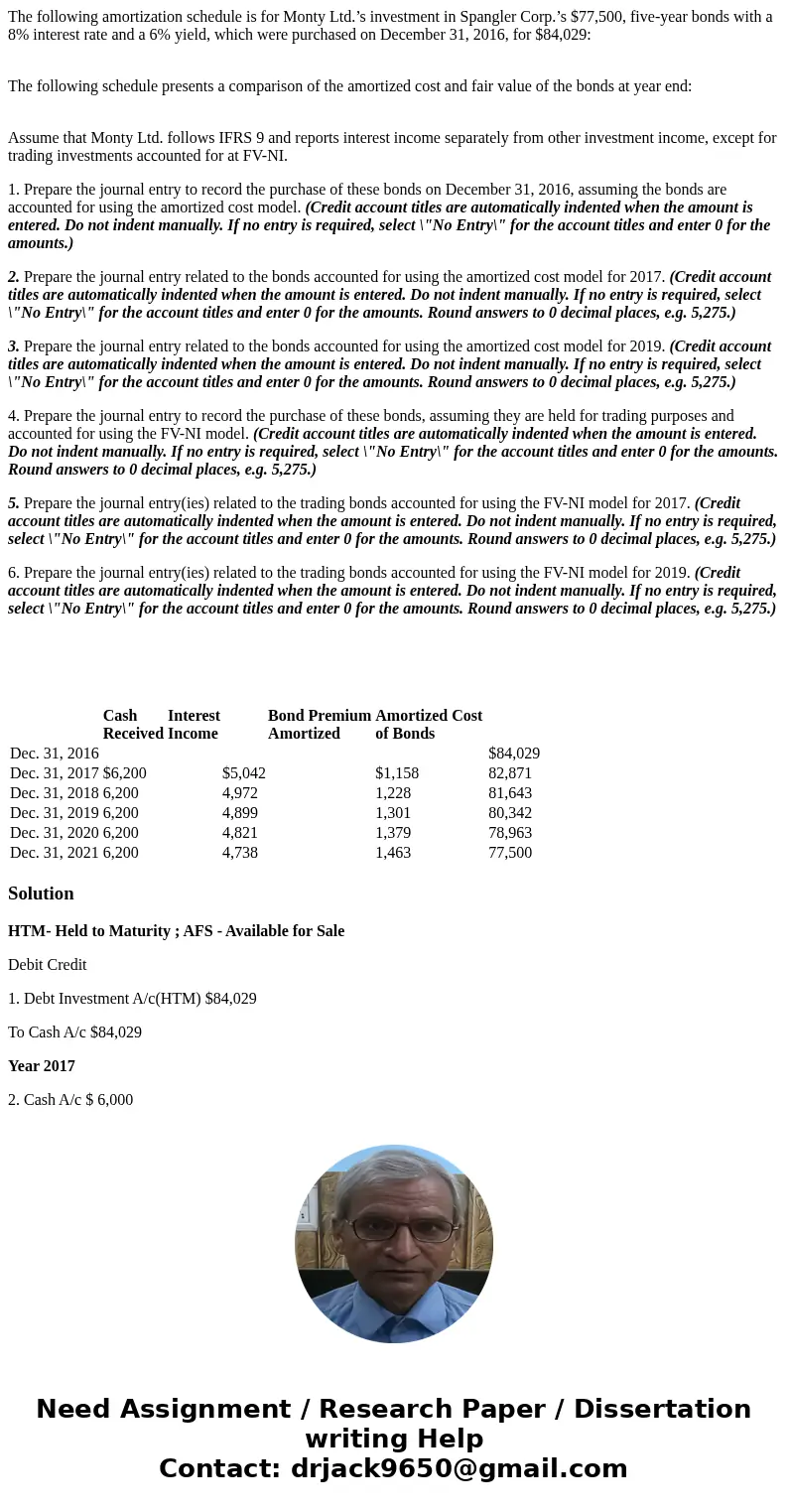 The following amortization schedule is for Monty Ltd.’s investment in Spangler Corp.’s $77,500, five-year bonds with a 8% interest rate and a 6% yield, which we
