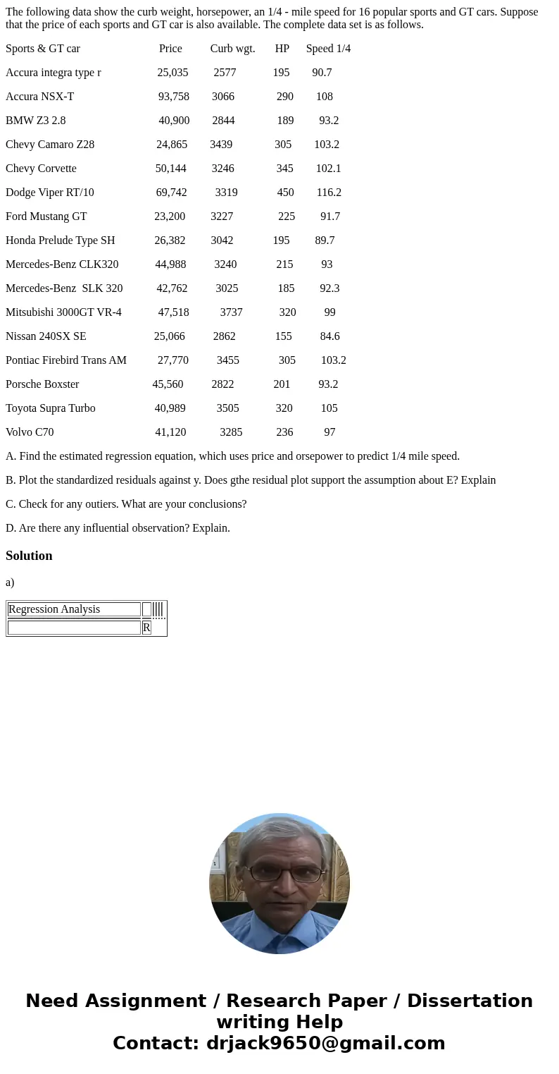 The following data show the curb weight, horsepower, an 1/4 - mile speed for 16 popular sports and GT cars. Suppose that the price of each sports and GT car is 