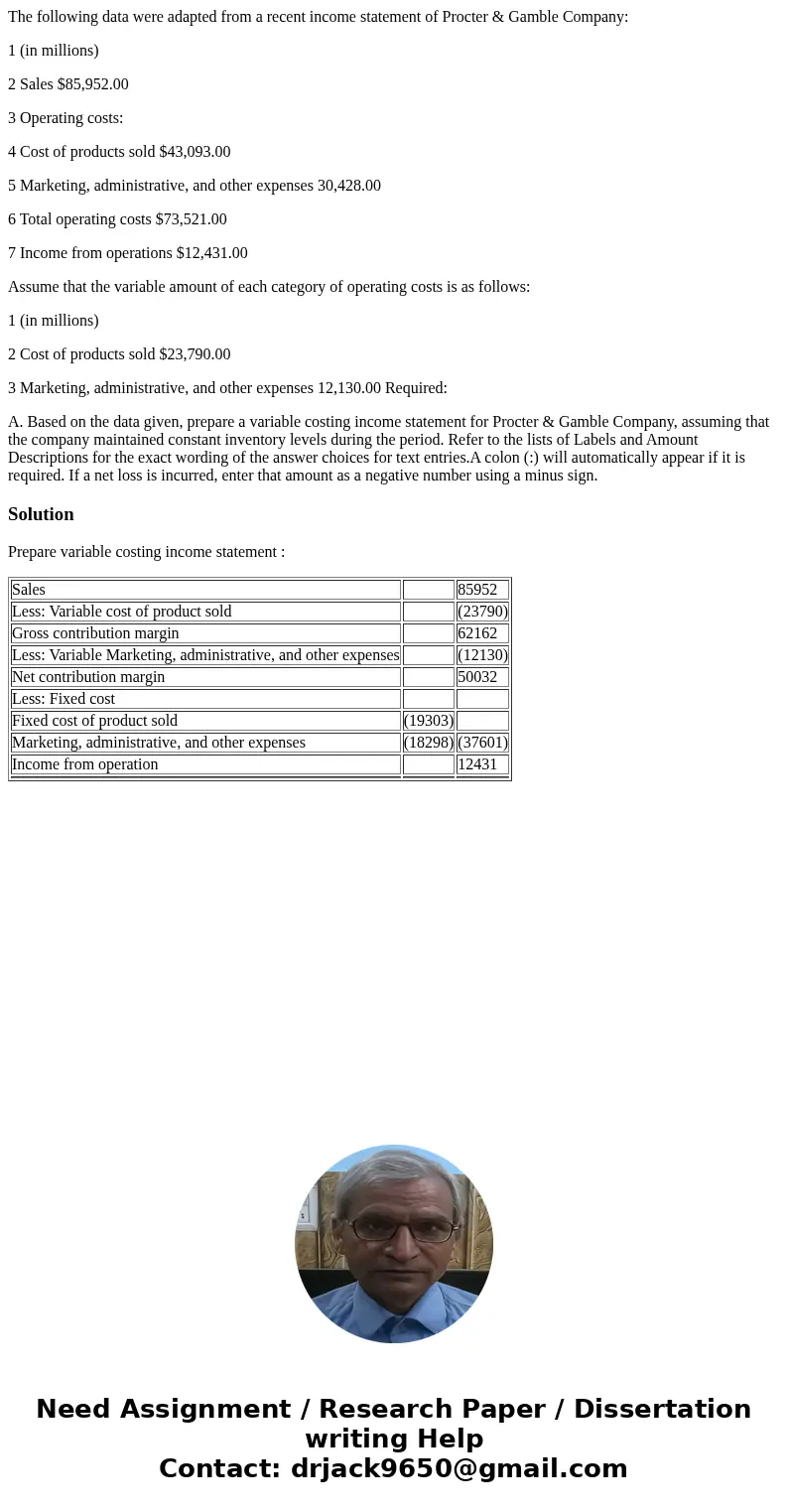 The following data were adapted from a recent income statement of Procter & Gamble Company: 1 (in millions) 2 Sales $85,952.00 3 Operating costs: 4 Cost of  The following data were adapted from a recent income statement of Procter & Gamble Company: 1 (in millions) 2 Sales $85,952.00 3 Operating costs: 4 Cost of