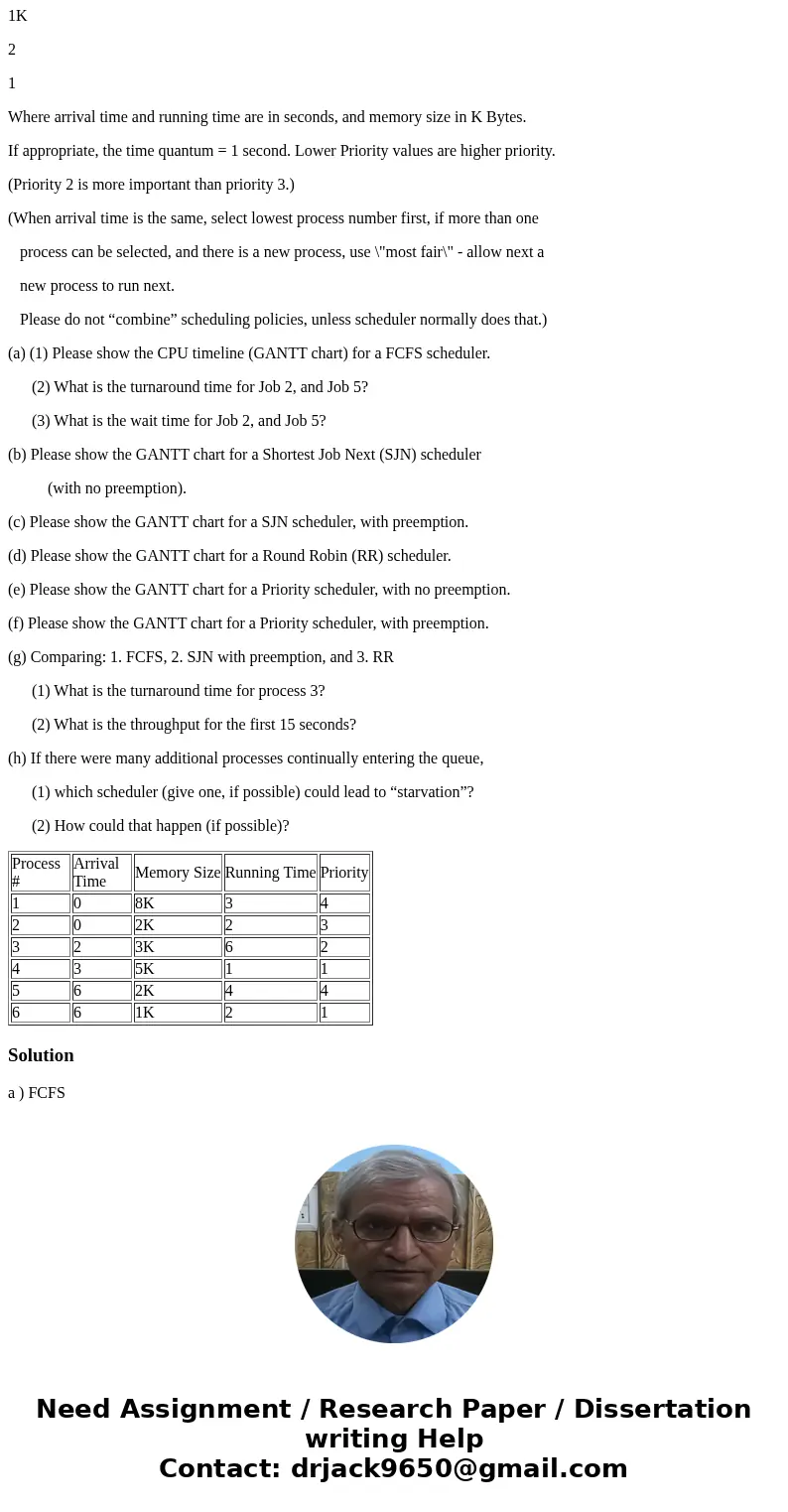 The following is a list of processes: Process # Arrival Time Memory Size Running Time Priority 1 0 8K 3 4 2 0 2K 2 3 3 2 3K 6 2 4 3 5K 1 1 5 6 2K 4 4 6 6 1K 2 1
