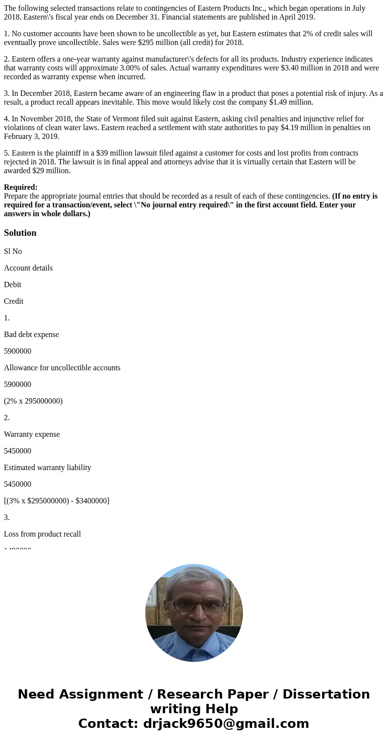 The following selected transactions relate to contingencies of Eastern Products Inc., which began operations in July 2018. Eastern\'s fiscal year ends on Decemb