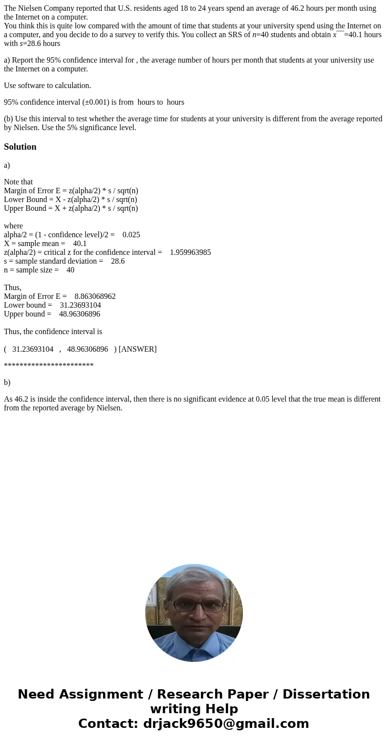 The Nielsen Company reported that U.S. residents aged 18 to 24 years spend an average of 46.2 hours per month using the Internet on a computer. You think this i