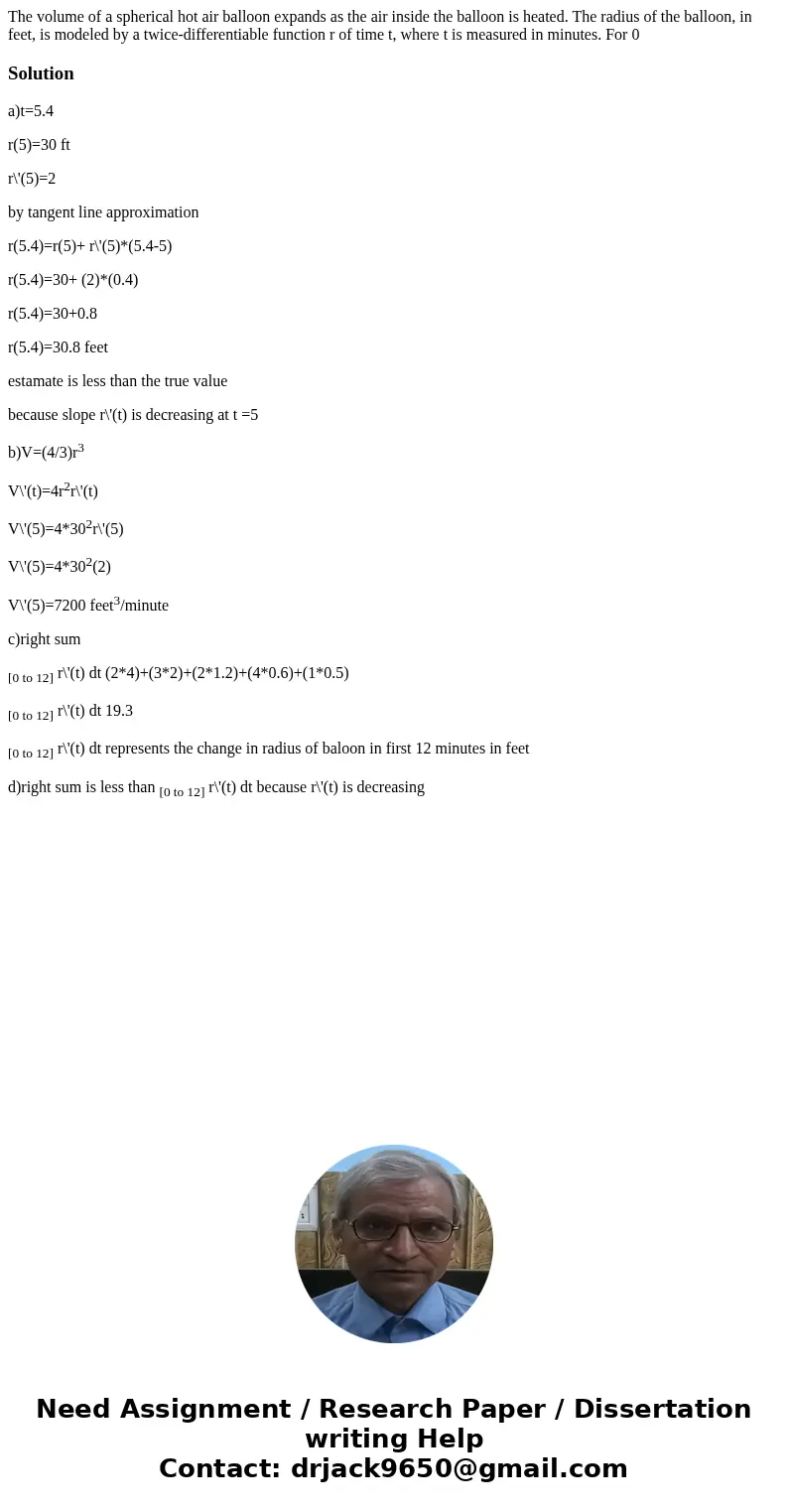  The volume of a spherical hot air balloon expands as the air inside the balloon is heated. The radius of the balloon, in feet, is modeled by a twice-differenti