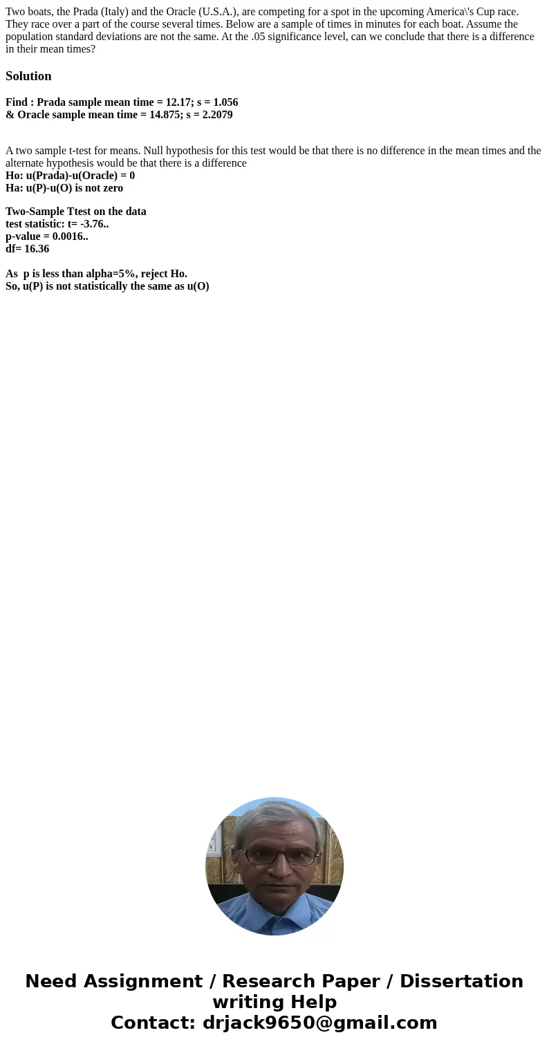 Two boats, the Prada (Italy) and the Oracle (U.S.A.), are competing for a spot in the upcoming America\'s Cup race. They race over a part of the course several  Two boats, the Prada (Italy) and the Oracle (U.S.A.), are competing for a spot in the upcoming America\'s Cup race. They race over a part of the course several
