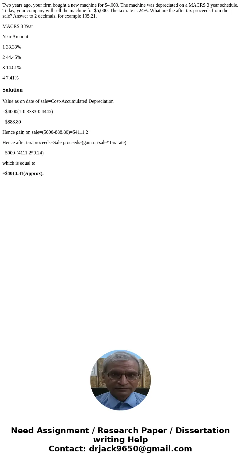Two years ago, your firm bought a new machine for $4,000. The machine was depreciated on a MACRS 3 year schedule. Today, your company will sell the machine for 