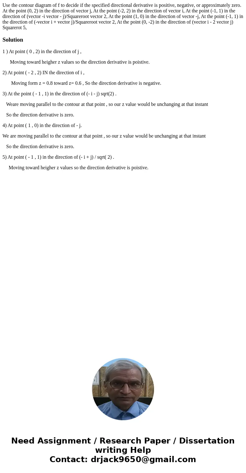  Use the contour diagram of f to decide if the specified directional derivative is positive, negative, or approximately zero. At the point (0, 2) in the directi