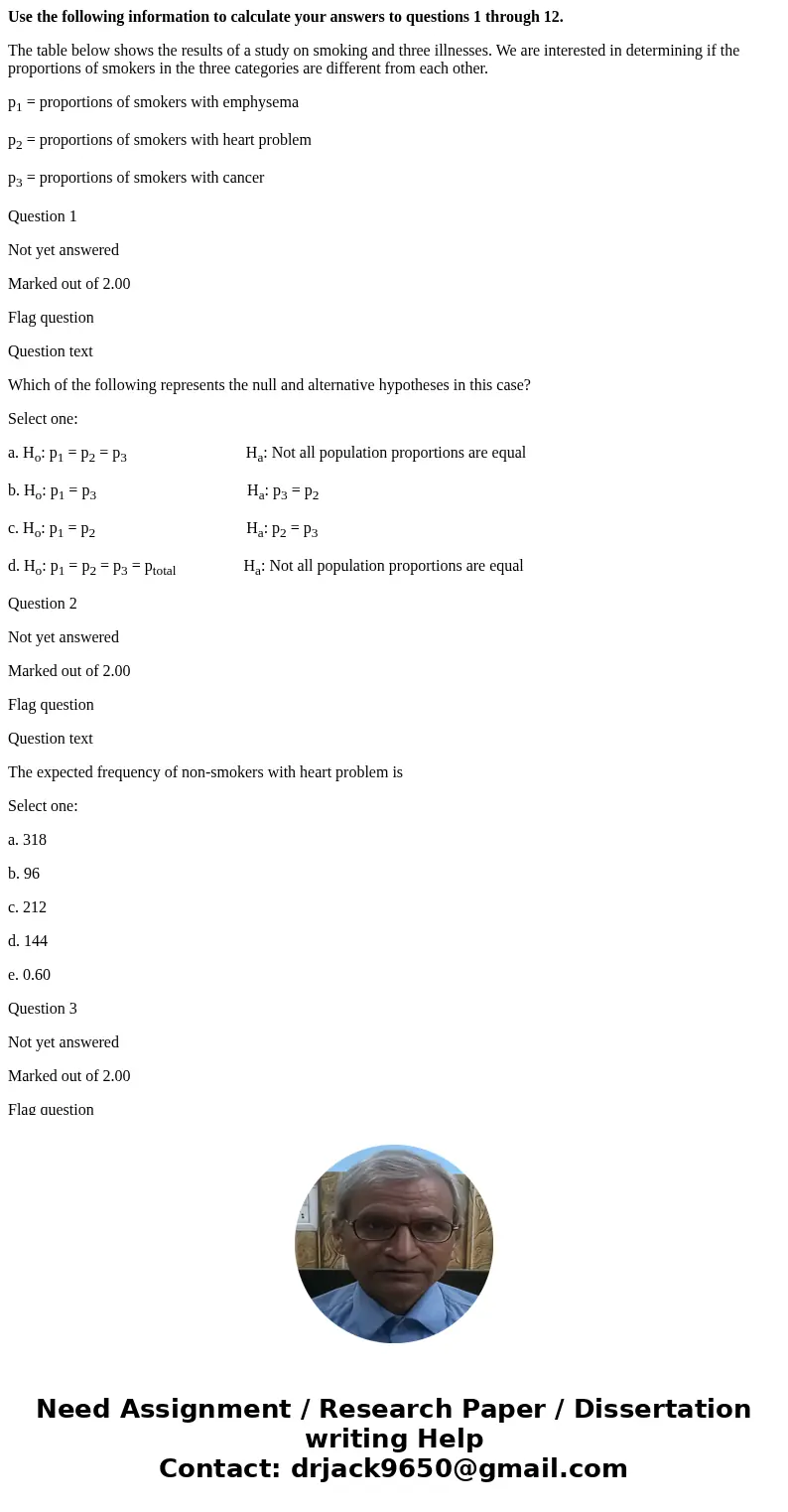 Use the following information to calculate your answers to questions 1 through 12. The table below shows the results of a study on smoking and three illnesses.  Use the following information to calculate your answers to questions 1 through 12. The table below shows the results of a study on smoking and three illnesses.