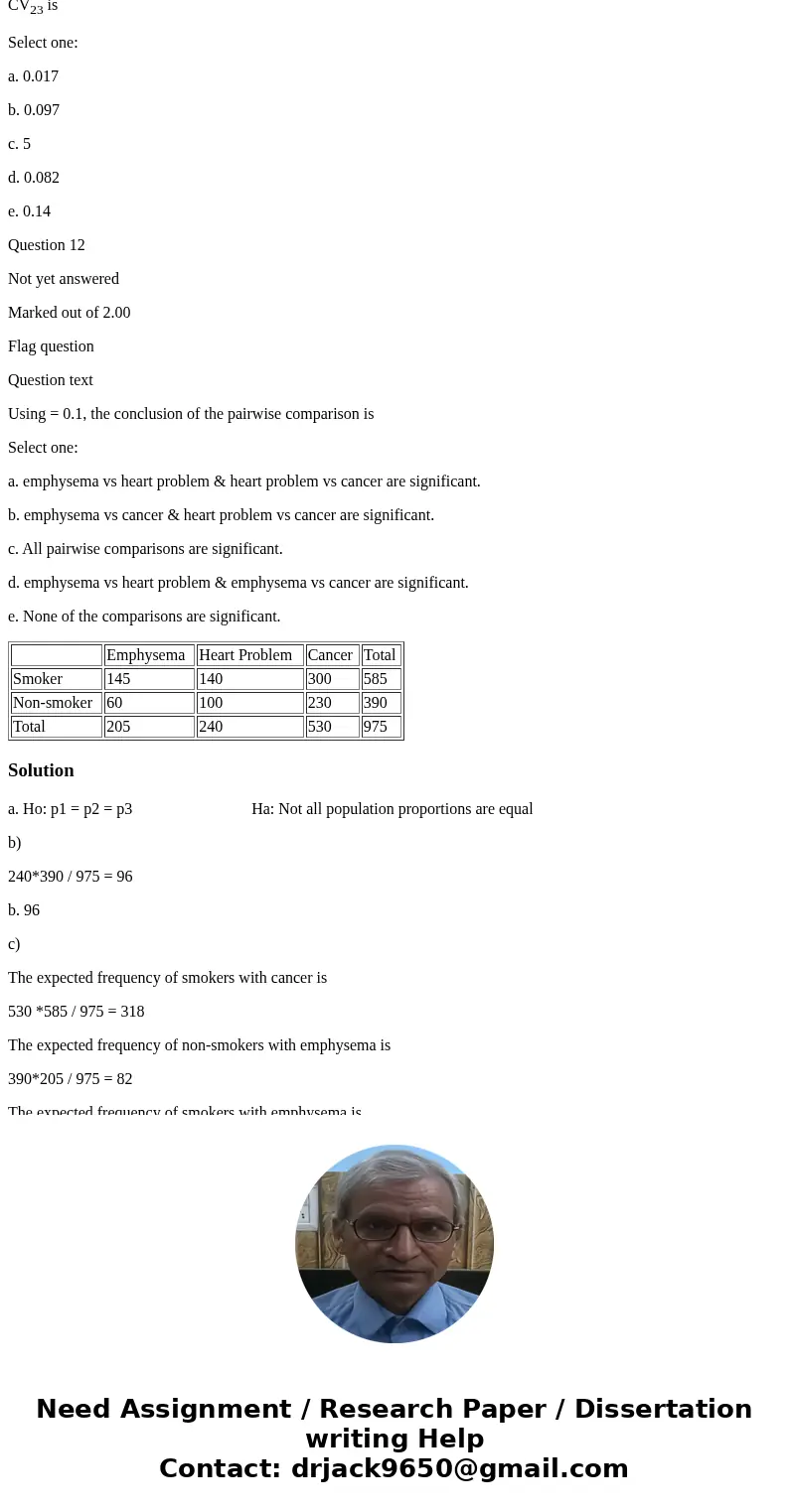 Use the following information to calculate your answers to questions 1 through 12. The table below shows the results of a study on smoking and three illnesses.  Use the following information to calculate your answers to questions 1 through 12. The table below shows the results of a study on smoking and three illnesses.