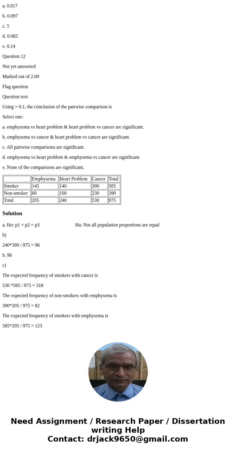 Use the following information to calculate your answers to questions 1 through 12. The table below shows the results of a study on smoking and three illnesses.  Use the following information to calculate your answers to questions 1 through 12. The table below shows the results of a study on smoking and three illnesses.