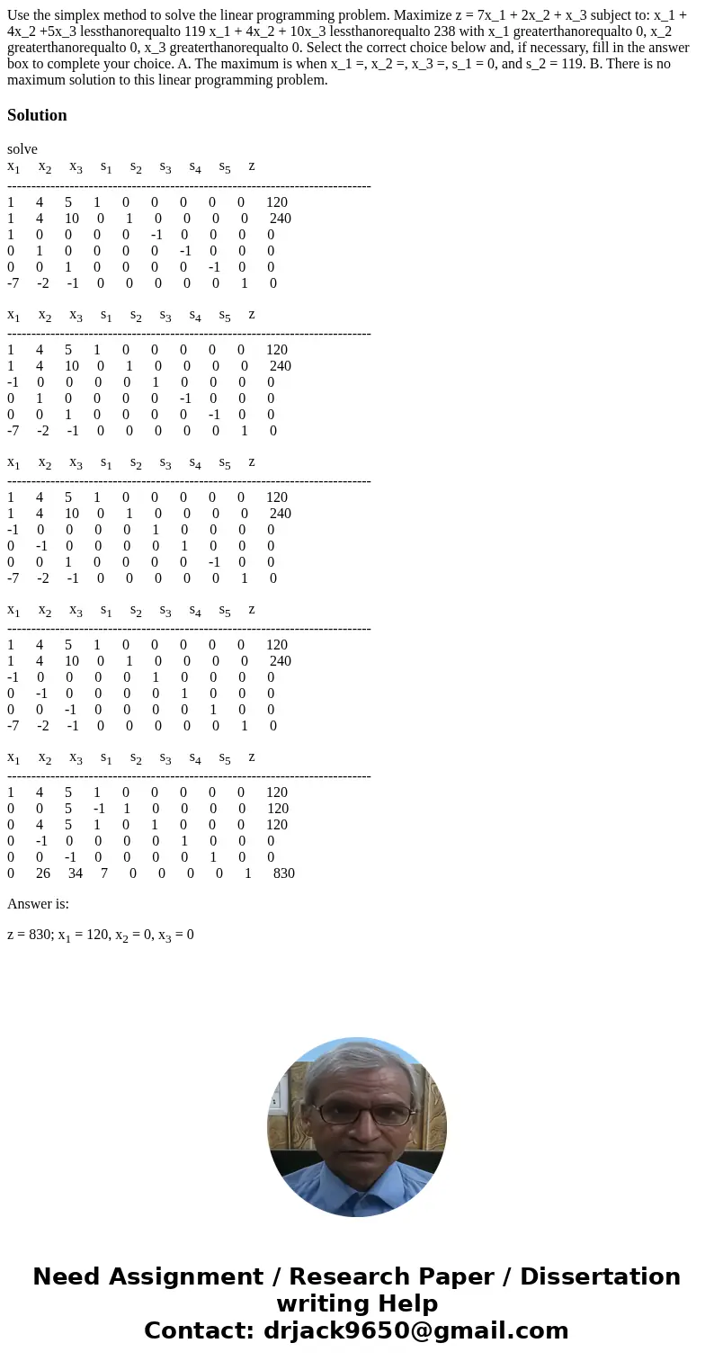 Use the simplex method to solve the linear programming problem. Maximize z = 7x_1 + 2x_2 + x_3 subject to: x_1 + 4x_2 +5x_3 lessthanorequalto 119 x_1 + 4x_2 +   Use the simplex method to solve the linear programming problem. Maximize z = 7x_1 + 2x_2 + x_3 subject to: x_1 + 4x_2 +5x_3 lessthanorequalto 119 x_1 + 4x_2 +