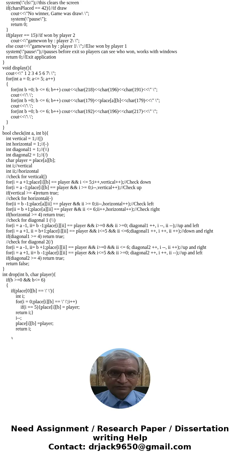 Using C++ programming on Visual Studio. Write a connect 4 program so that two players can play connect 4 using your program. The program should also detect win  Using C++ programming on Visual Studio. Write a connect 4 program so that two players can play connect 4 using your program. The program should also detect win