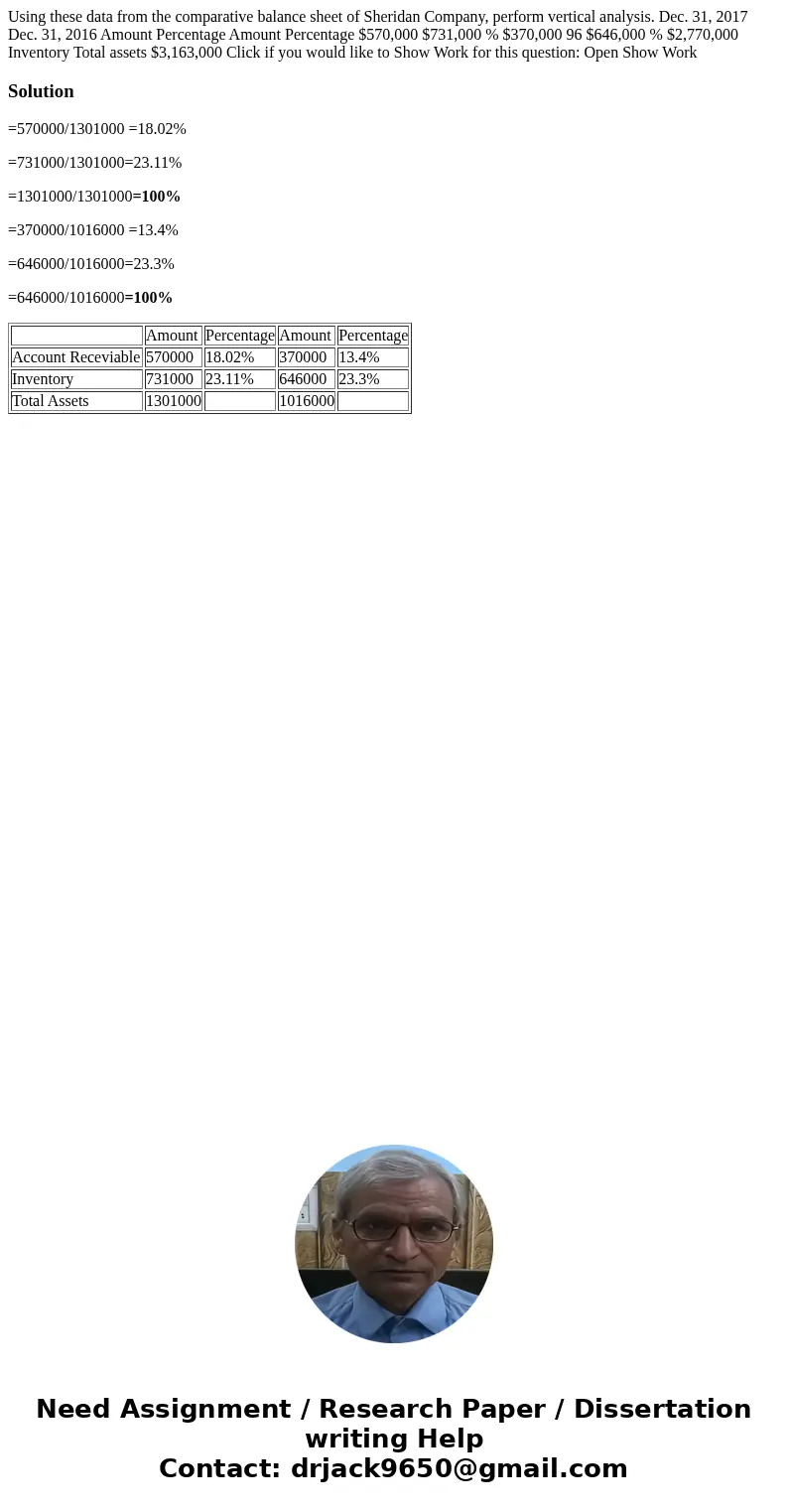  Using these data from the comparative balance sheet of Sheridan Company, perform vertical analysis. Dec. 31, 2017 Dec. 31, 2016 Amount Percentage Amount Percen