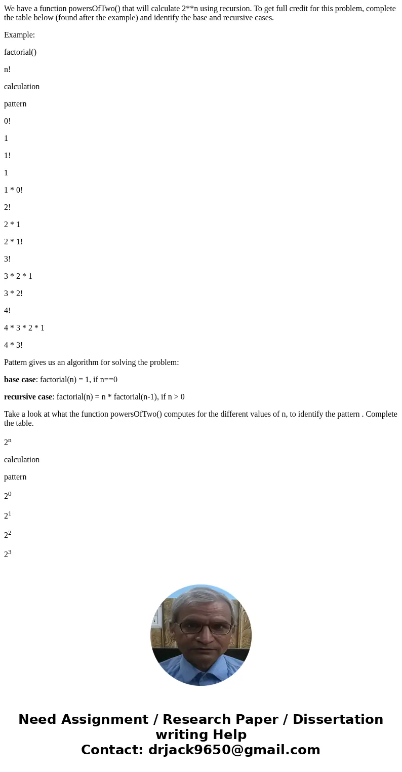 We have a function powersOfTwo() that will calculate 2**n using recursion. To get full credit for this problem, complete the table below (found after the exampl