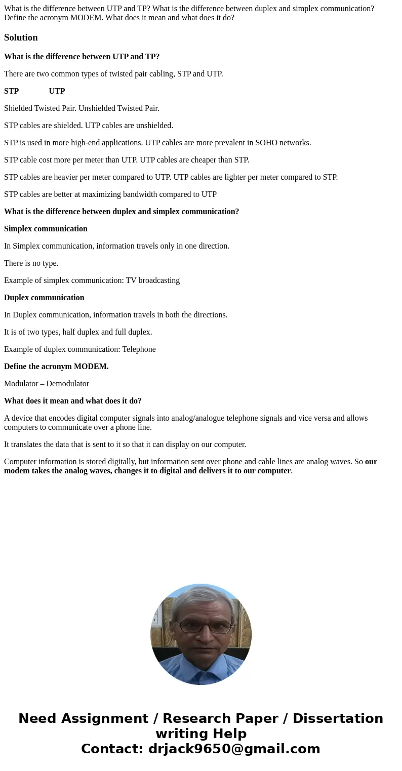 What is the difference between UTP and TP? What is the difference between duplex and simplex communication? Define the acronym MODEM. What does it mean and what What is the difference between UTP and TP? What is the difference between duplex and simplex communication? Define the acronym MODEM. What does it mean and what