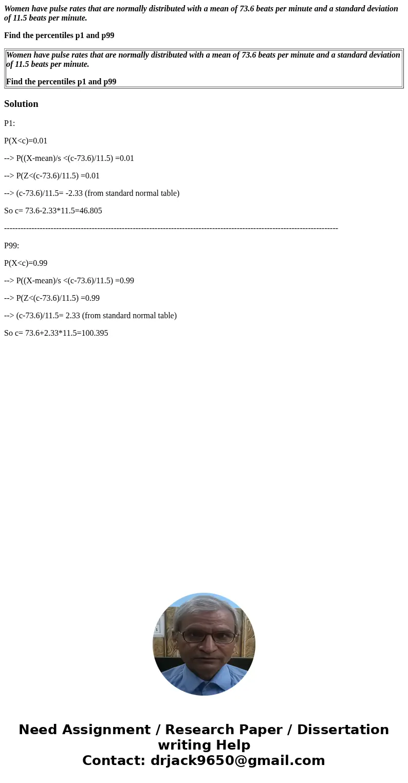 Women have pulse rates that are normally distributed with a mean of 73.6 beats per minute and a standard deviation of 11.5 beats per minute. Find the percentile Women have pulse rates that are normally distributed with a mean of 73.6 beats per minute and a standard deviation of 11.5 beats per minute. Find the percentile