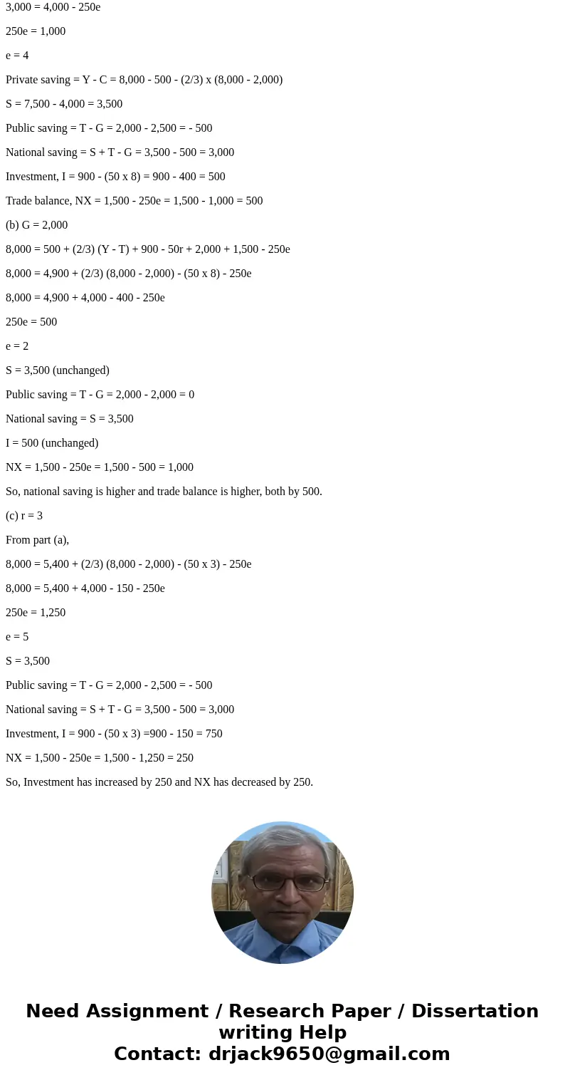 Y= C+I+G+NX, Y=8000, G=2500, T=2000, C=500+2/3(Y-T), I=900- 50r, r= r*= 8. a. In this economy, solve for private saving, public saving, national saving, investm Y= C+I+G+NX, Y=8000, G=2500, T=2000, C=500+2/3(Y-T), I=900- 50r, r= r*= 8. a. In this economy, solve for private saving, public saving, national saving, investm