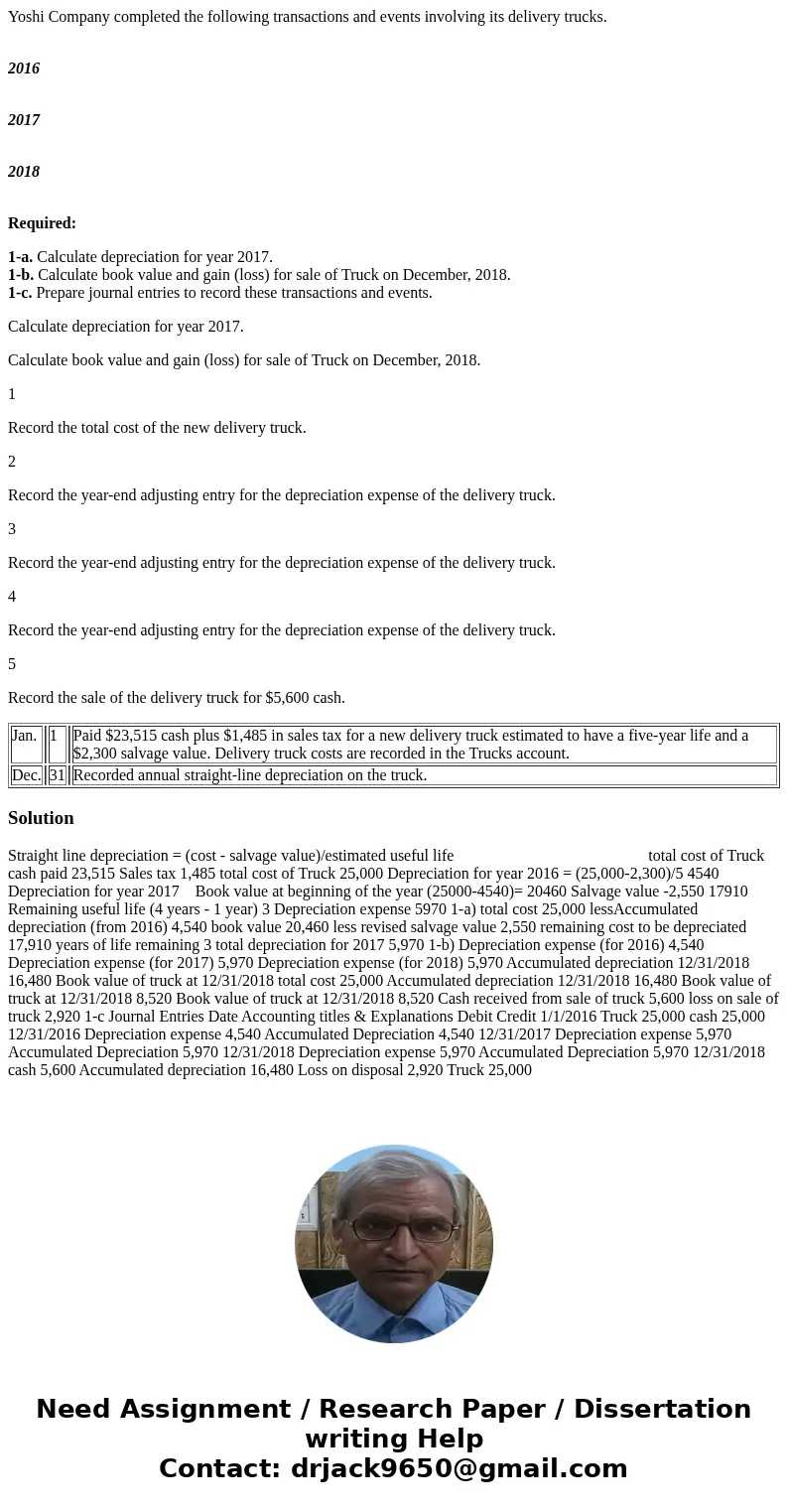 Yoshi Company completed the following transactions and events involving its delivery trucks. 2016 2017 2018 Required: 1-a. Calculate depreciation for year 2017. Yoshi Company completed the following transactions and events involving its delivery trucks. 2016 2017 2018 Required: 1-a. Calculate depreciation for year 2017.