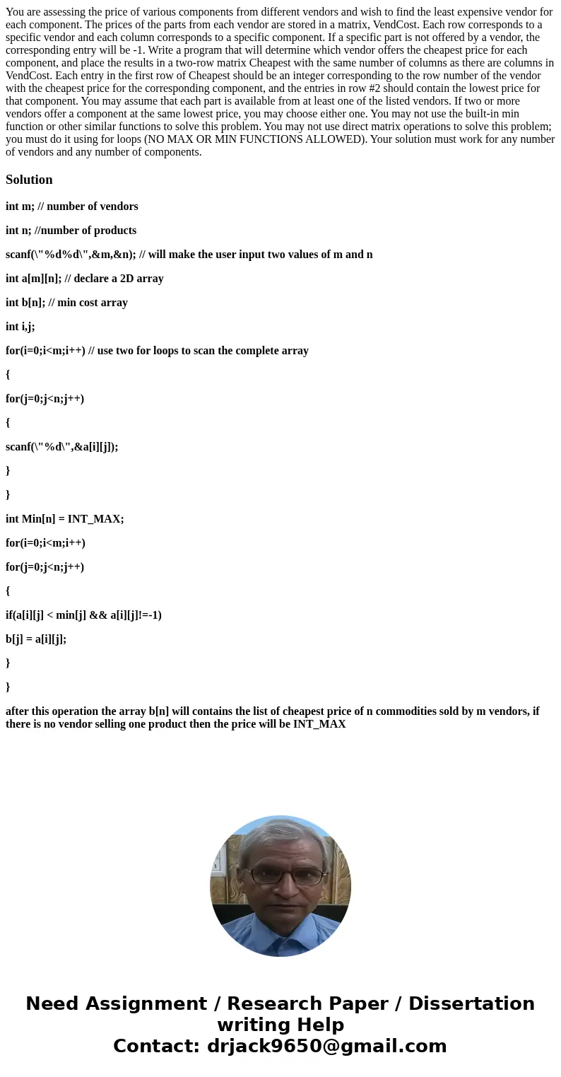 You are assessing the price of various components from different vendors and wish to find the least expensive vendor for each component. The prices of the parts You are assessing the price of various components from different vendors and wish to find the least expensive vendor for each component. The prices of the parts