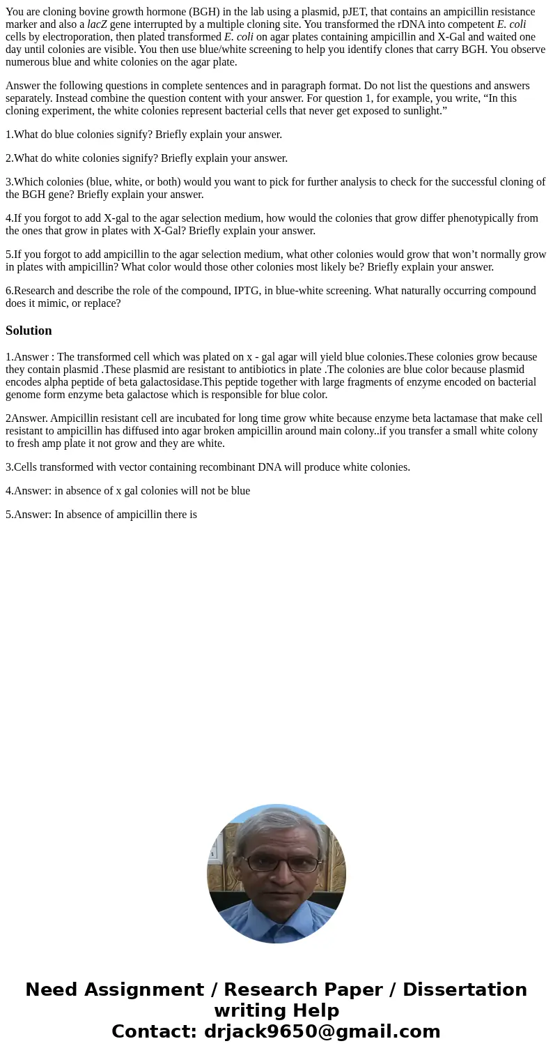 You are cloning bovine growth hormone (BGH) in the lab using a plasmid, pJET, that contains an ampicillin resistance marker and also a lacZ gene interrupted by  You are cloning bovine growth hormone (BGH) in the lab using a plasmid, pJET, that contains an ampicillin resistance marker and also a lacZ gene interrupted by