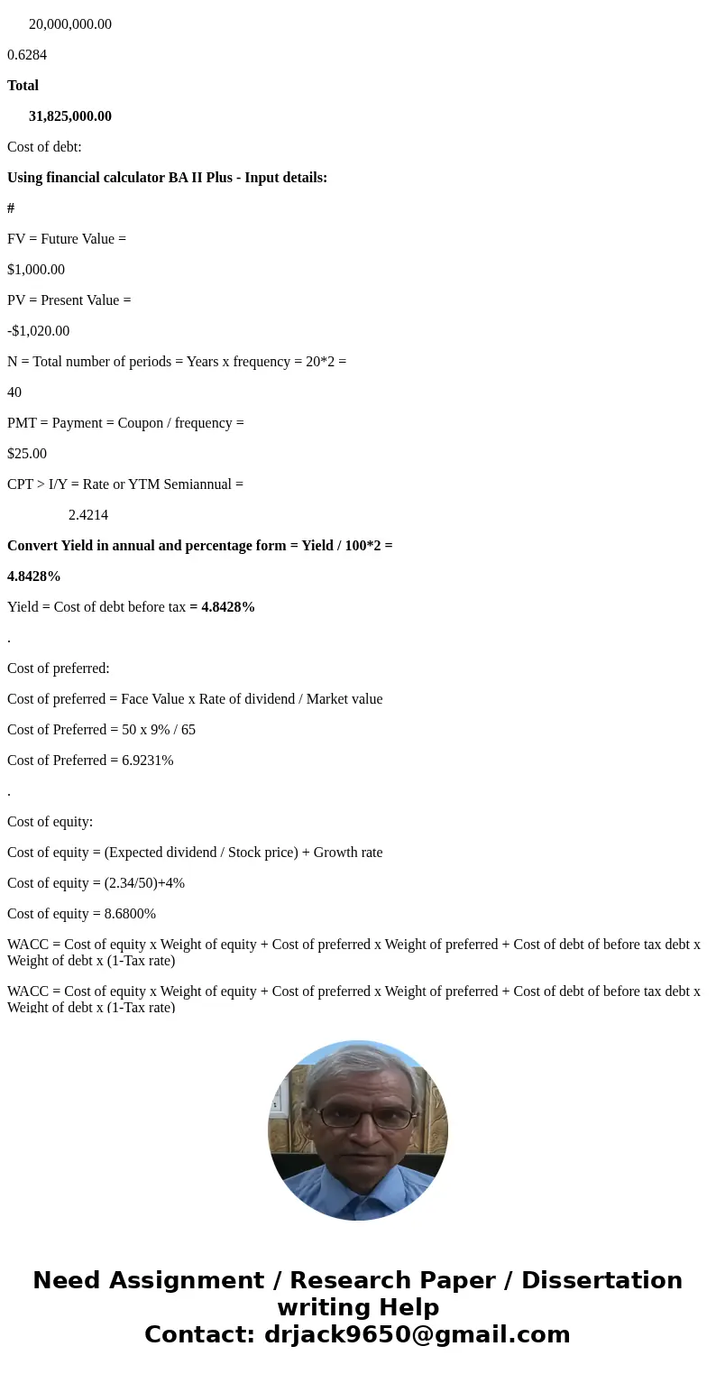 You are provided with the following information for Kameo Corp.: Bonds: The firm has $10,000,000 in 5% coupon bonds outstanding, $1,000 par value, 20 years to m You are provided with the following information for Kameo Corp.: Bonds: The firm has $10,000,000 in 5% coupon bonds outstanding, $1,000 par value, 20 years to m
