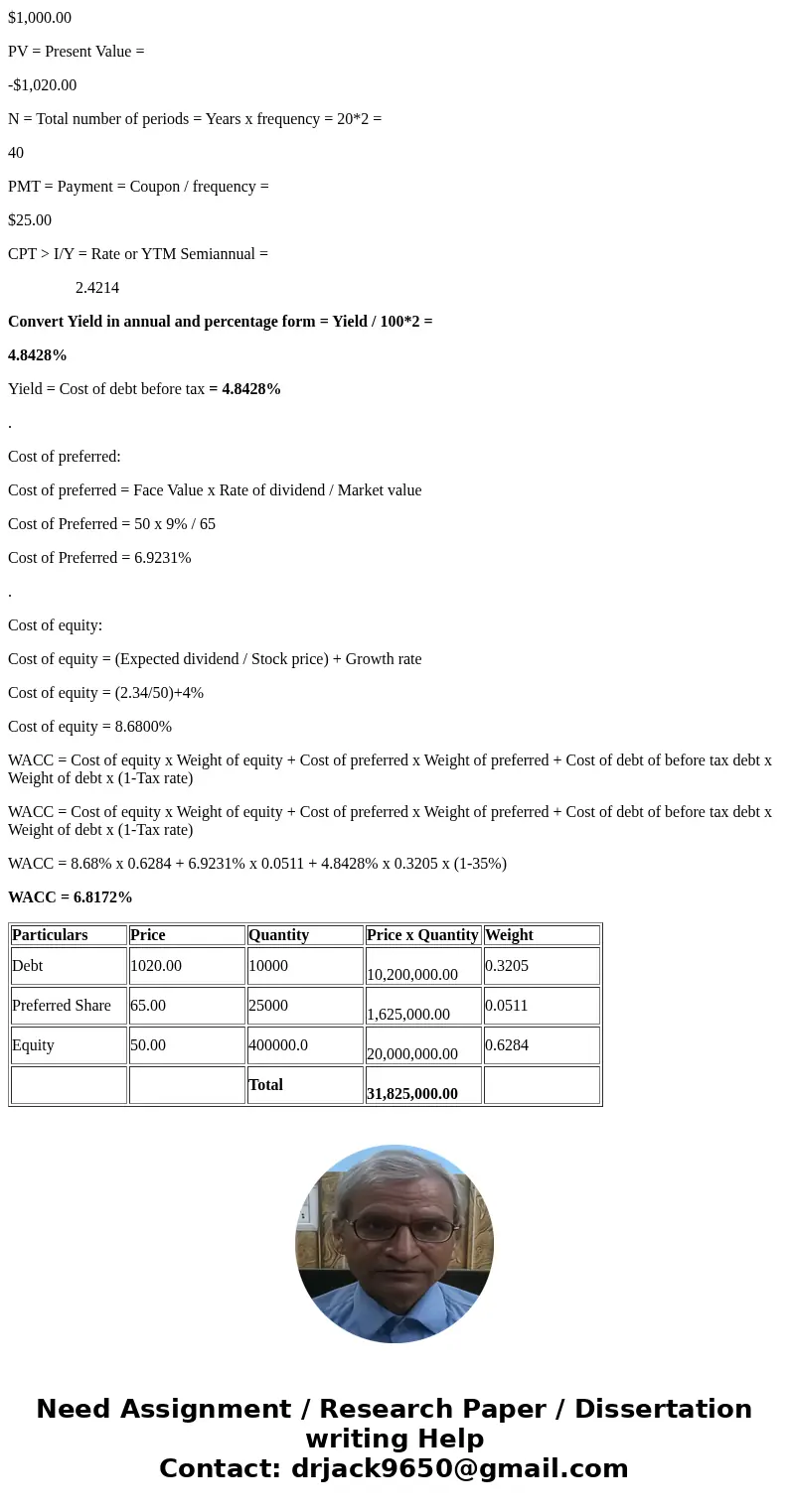 You are provided with the following information for Kameo Corp.: Bonds: The firm has $10,000,000 in 5% coupon bonds outstanding, $1,000 par value, 20 years to m You are provided with the following information for Kameo Corp.: Bonds: The firm has $10,000,000 in 5% coupon bonds outstanding, $1,000 par value, 20 years to m