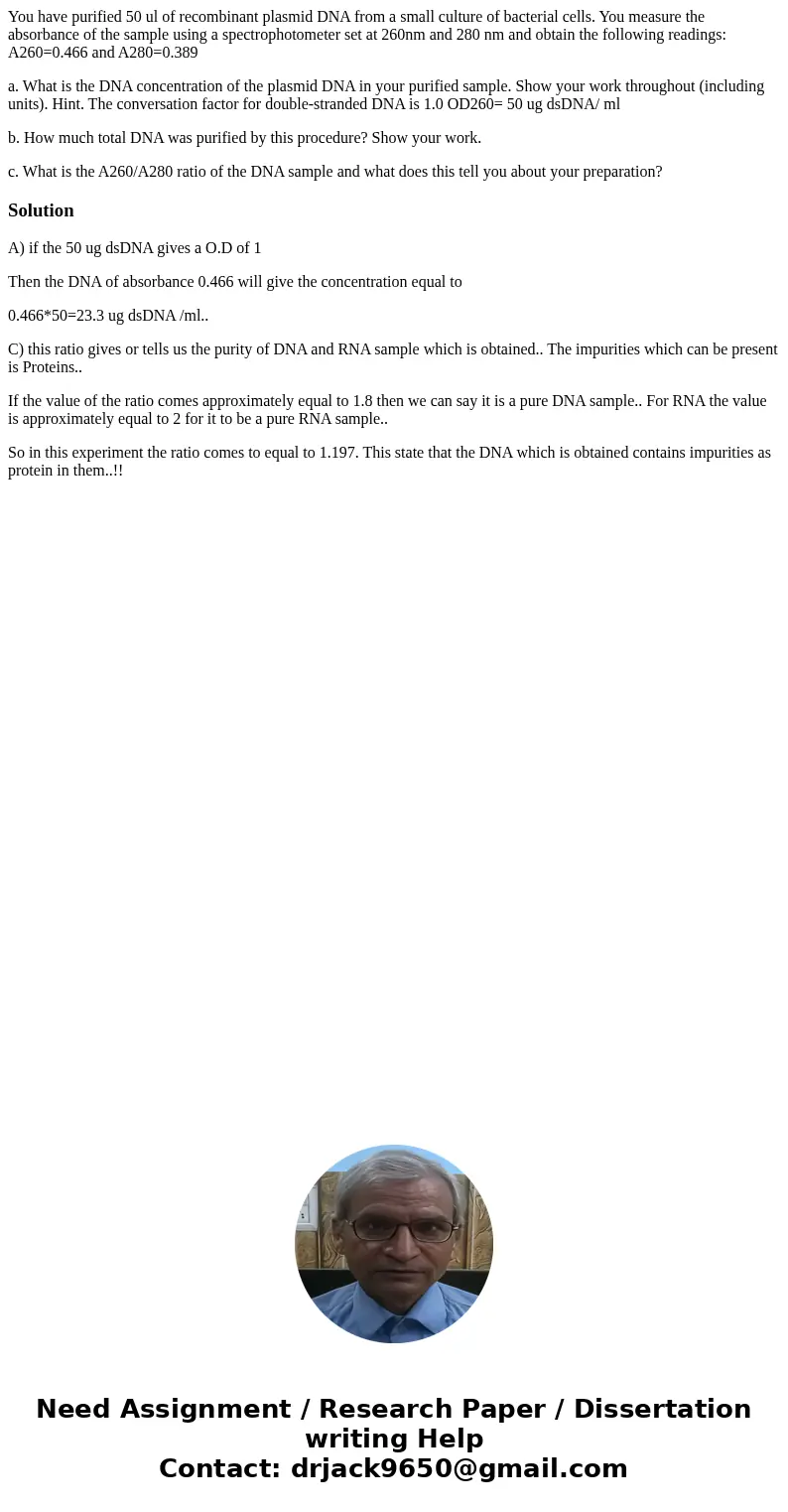 You have purified 50 ul of recombinant plasmid DNA from a small culture of bacterial cells. You measure the absorbance of the sample using a spectrophotometer s
