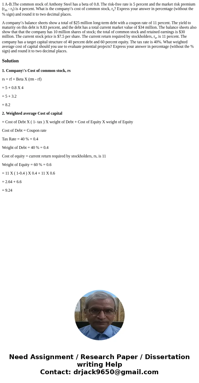 1 A-B.The common stock of Anthony Steel has a beta of 0.8. The risk-free rate is 5 percent and the market risk premium (rm - rf) is 4 percent. What is the compa 1 A-B.The common stock of Anthony Steel has a beta of 0.8. The risk-free rate is 5 percent and the market risk premium (rm - rf) is 4 percent. What is the compa