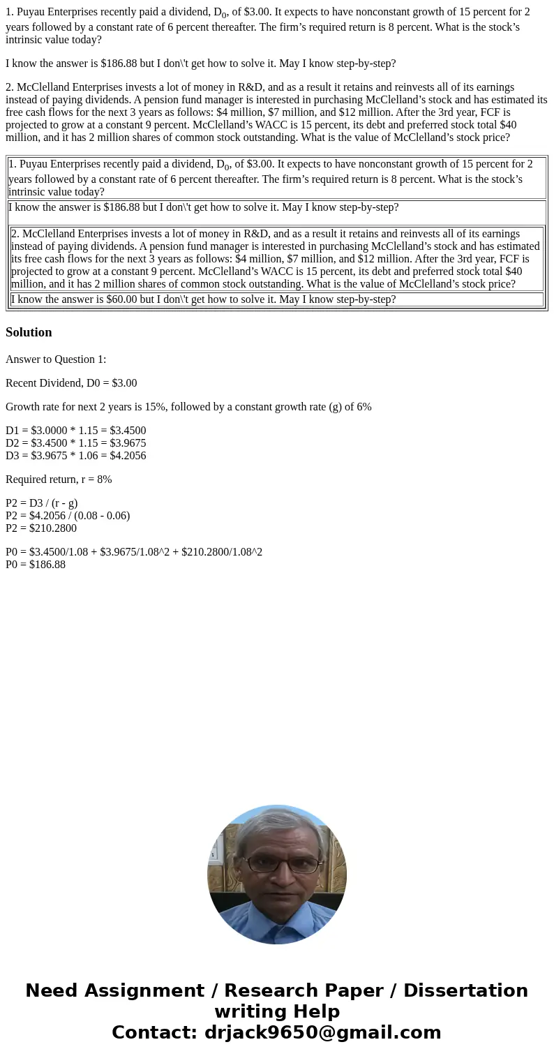1. Puyau Enterprises recently paid a dividend, D0, of $3.00. It expects to have nonconstant growth of 15 percent for 2 years followed by a constant rate of 6 pe