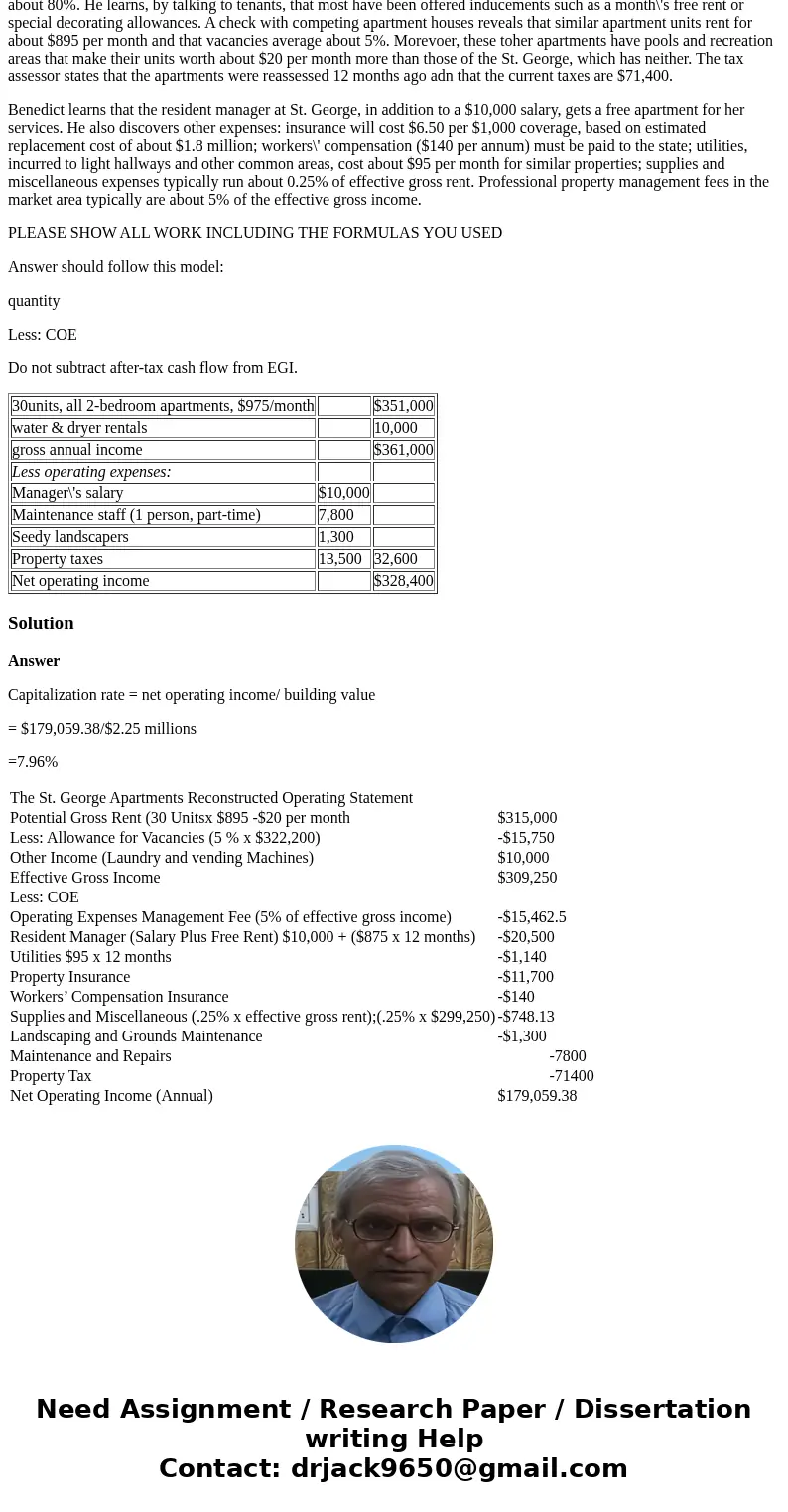 3) For the following situation, assuming that the capitalization rate will remain constant, develop an estimate of the property\'s market value at the end of th