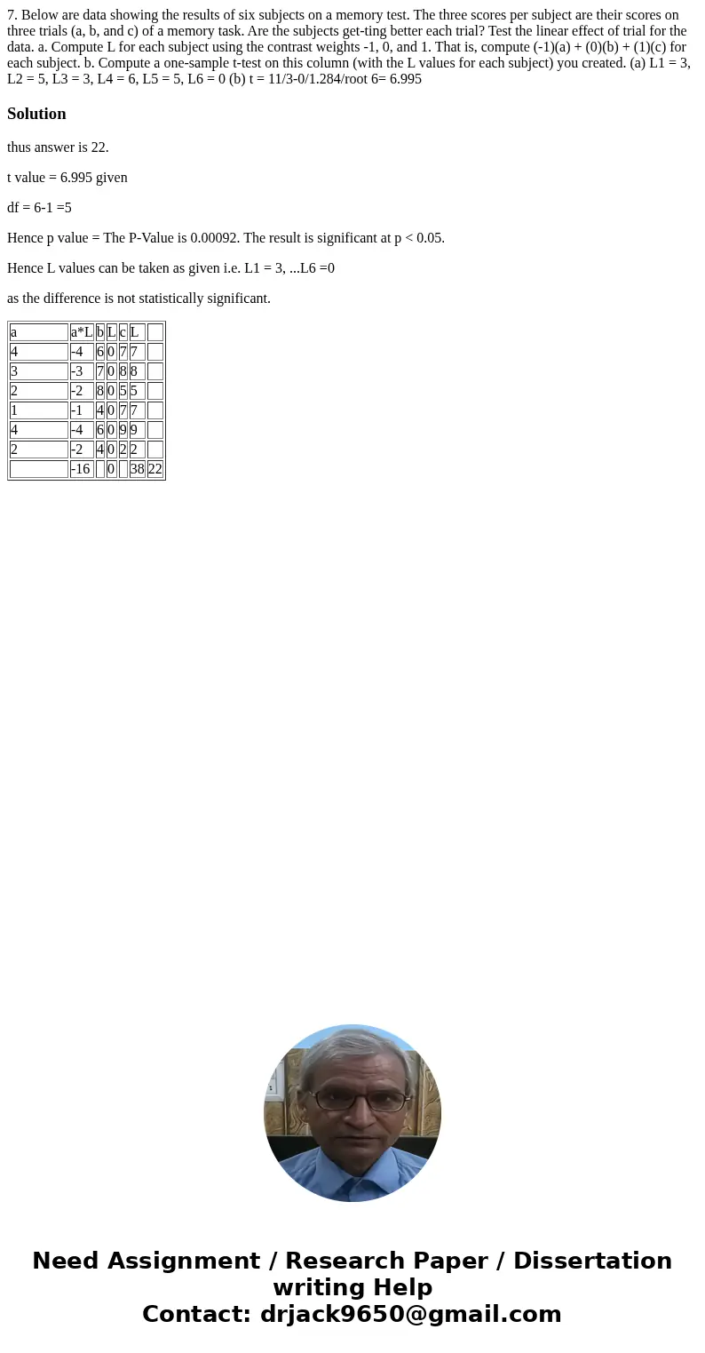  7. Below are data showing the results of six subjects on a memory test. The three scores per subject are their scores on three trials (a, b, and c) of a memory