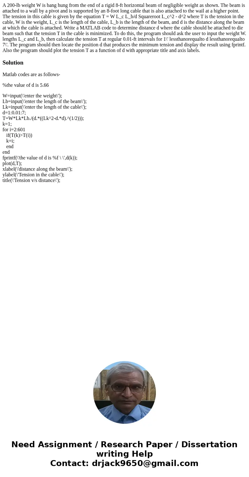  A 200-lb weight W is bang hung from the end of a rigid 8-ft horizontal beam of negligible weight as shown. The beam is attached to a wall by a pivot and is sup