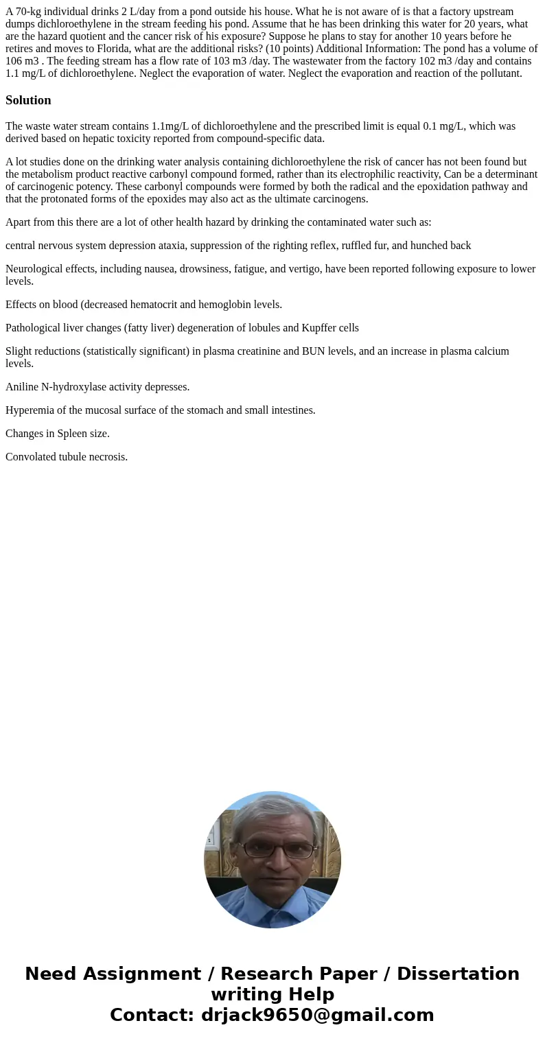 A 70-kg individual drinks 2 L/day from a pond outside his house. What he is not aware of is that a factory upstream dumps dichloroethylene in the stream feeding