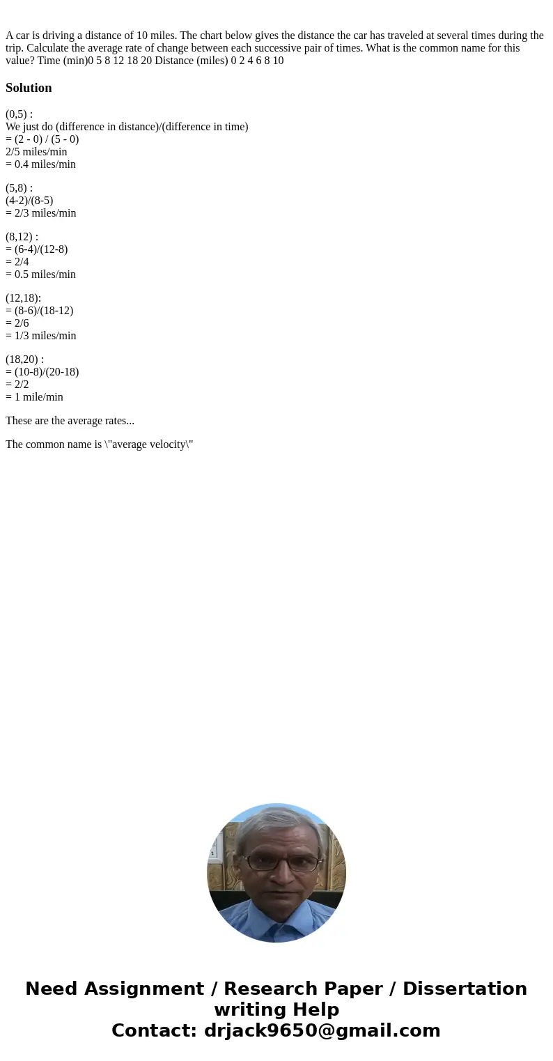  A car is driving a distance of 10 miles. The chart below gives the distance the car has traveled at several times during the trip. Calculate the average rate o