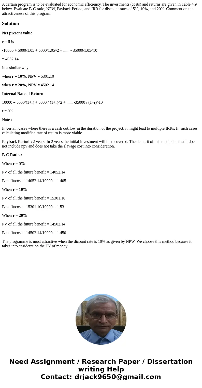  A certain program is to be evaluated for economic efficiency. The investments (costs) and returns are given in Table 4.9 below. Evaluate B-C ratio, NPW, Paybac