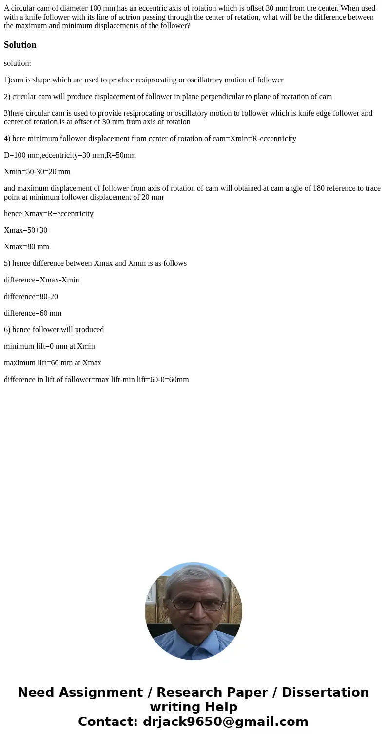 A circular cam of diameter 100 mm has an eccentric axis of rotation which is offset 30 mm from the center. When used with a knife follower with its line of act  A circular cam of diameter 100 mm has an eccentric axis of rotation which is offset 30 mm from the center. When used with a knife follower with its line of act