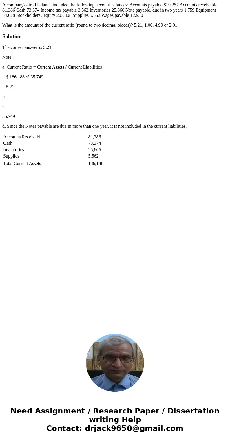 A company\'s trial balance included the following account balances: Accounts payable $19,257 Accounts receivable 81,386 Cash 73,374 Income tax payable 3,562 Inv