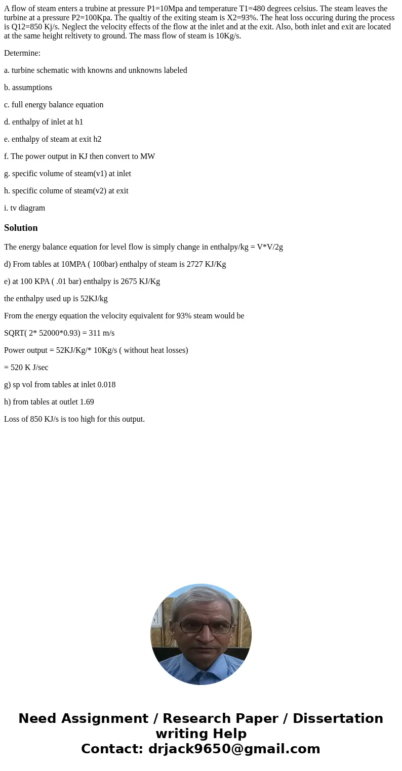 A flow of steam enters a trubine at pressure P1=10Mpa and temperature T1=480 degrees celsius. The steam leaves the turbine at a pressure P2=100Kpa. The qualtiy 