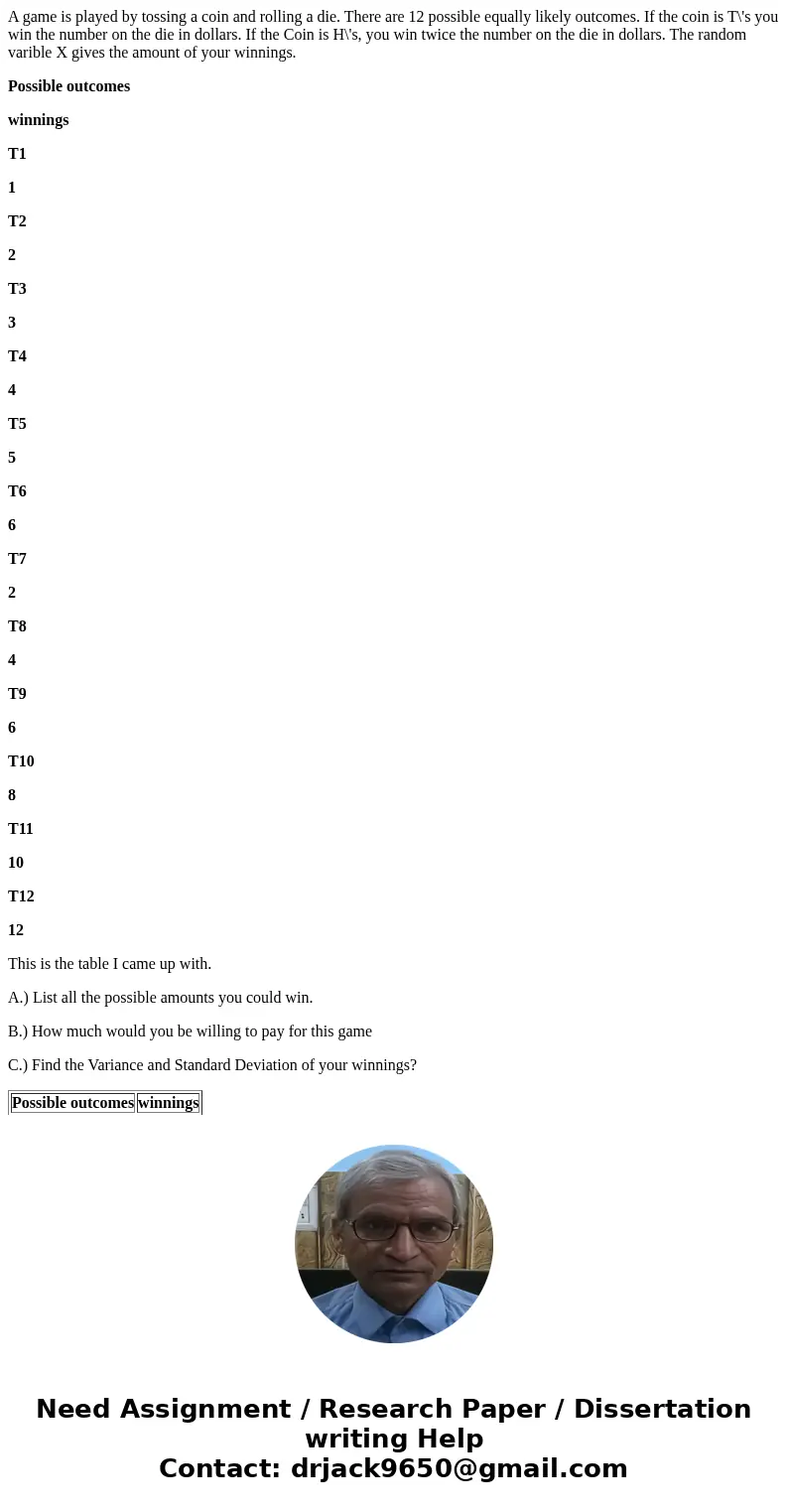 A game is played by tossing a coin and rolling a die. There are 12 possible equally likely outcomes. If the coin is T\'s you win the number on the die in dollar