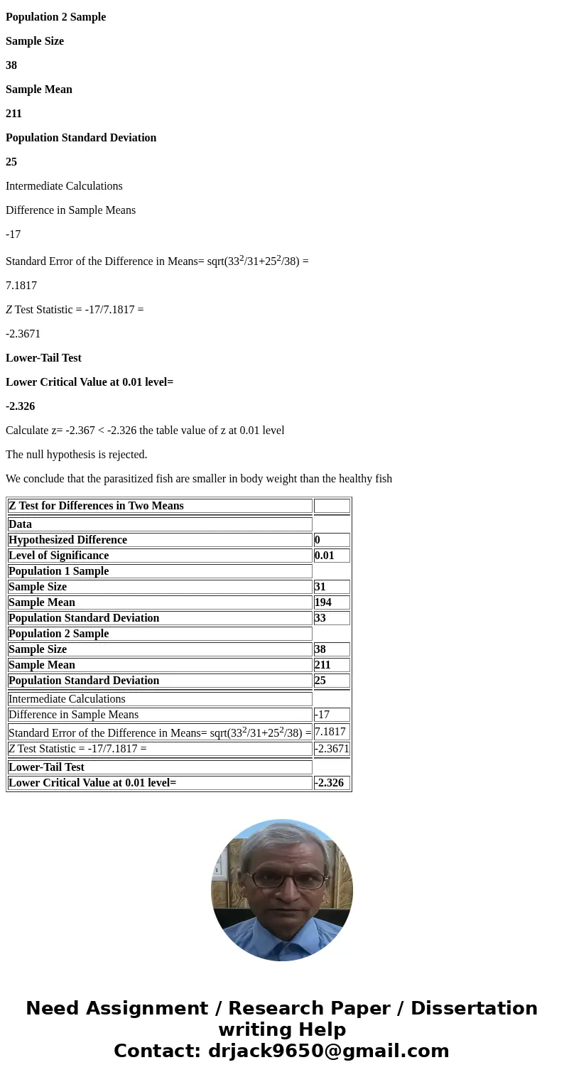 A ichthyologist measured the adult body weight of two groups of fish: one group containing external parasites and another healthy group. The n 1 = 34 parasitize