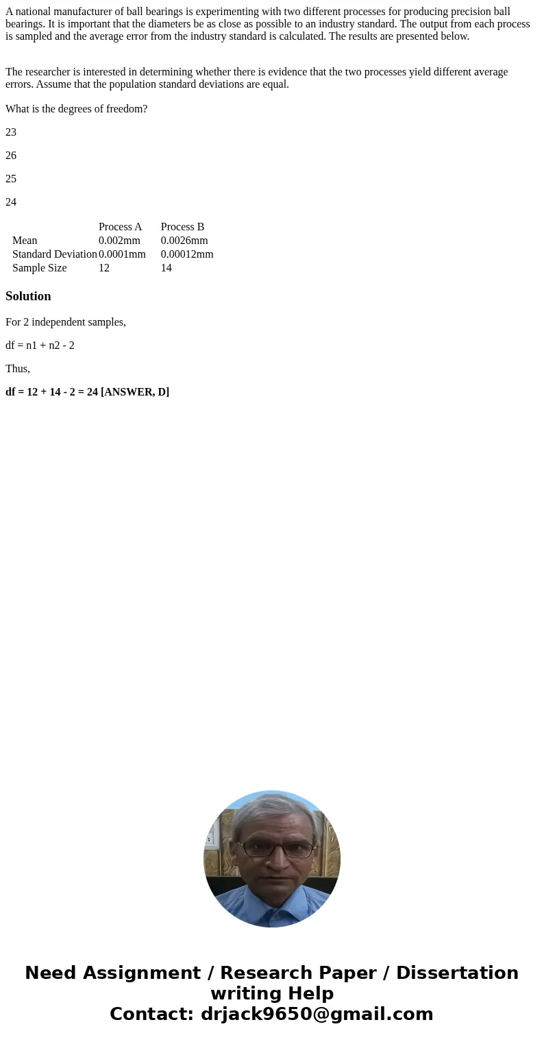A national manufacturer of ball bearings is experimenting with two different processes for producing precision ball bearings. It is important that the diameters