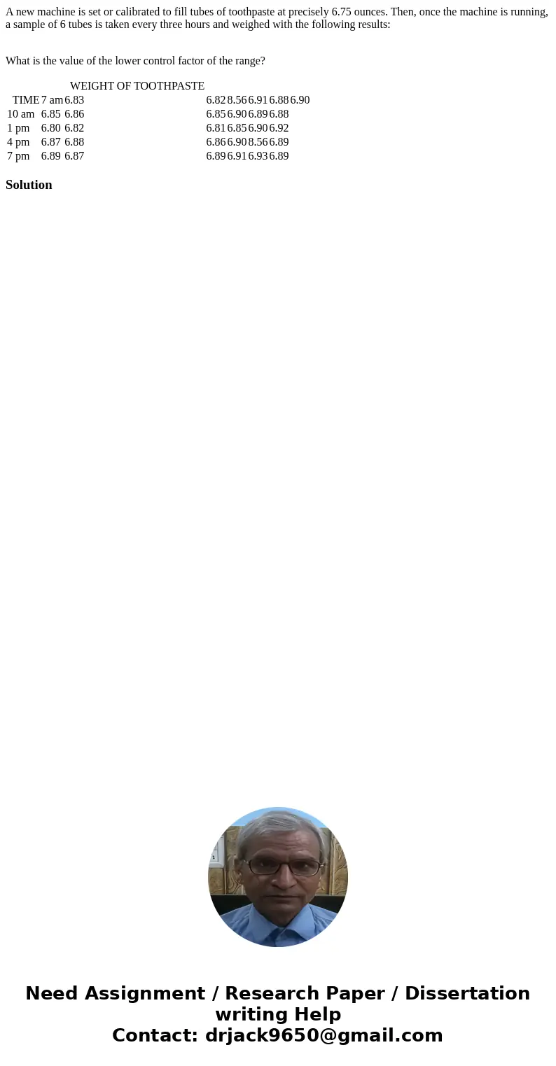 A new machine is set or calibrated to fill tubes of toothpaste at precisely 6.75 ounces. Then, once the machine is running, a sample of 6 tubes is taken every t
