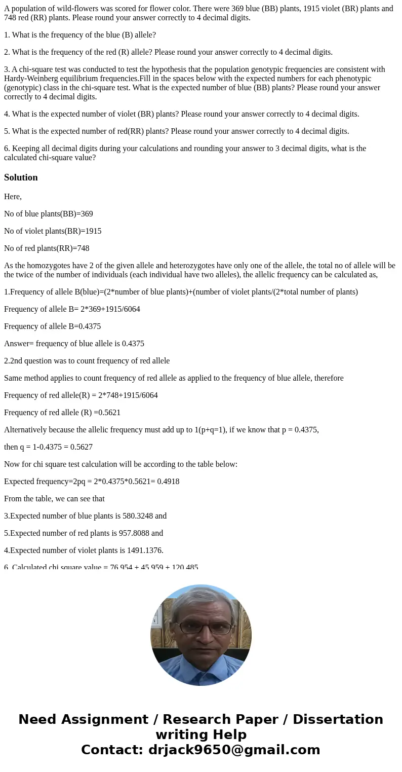 A population of wild-flowers was scored for flower color. There were 369 blue (BB) plants, 1915 violet (BR) plants and 748 red (RR) plants. Please round your an