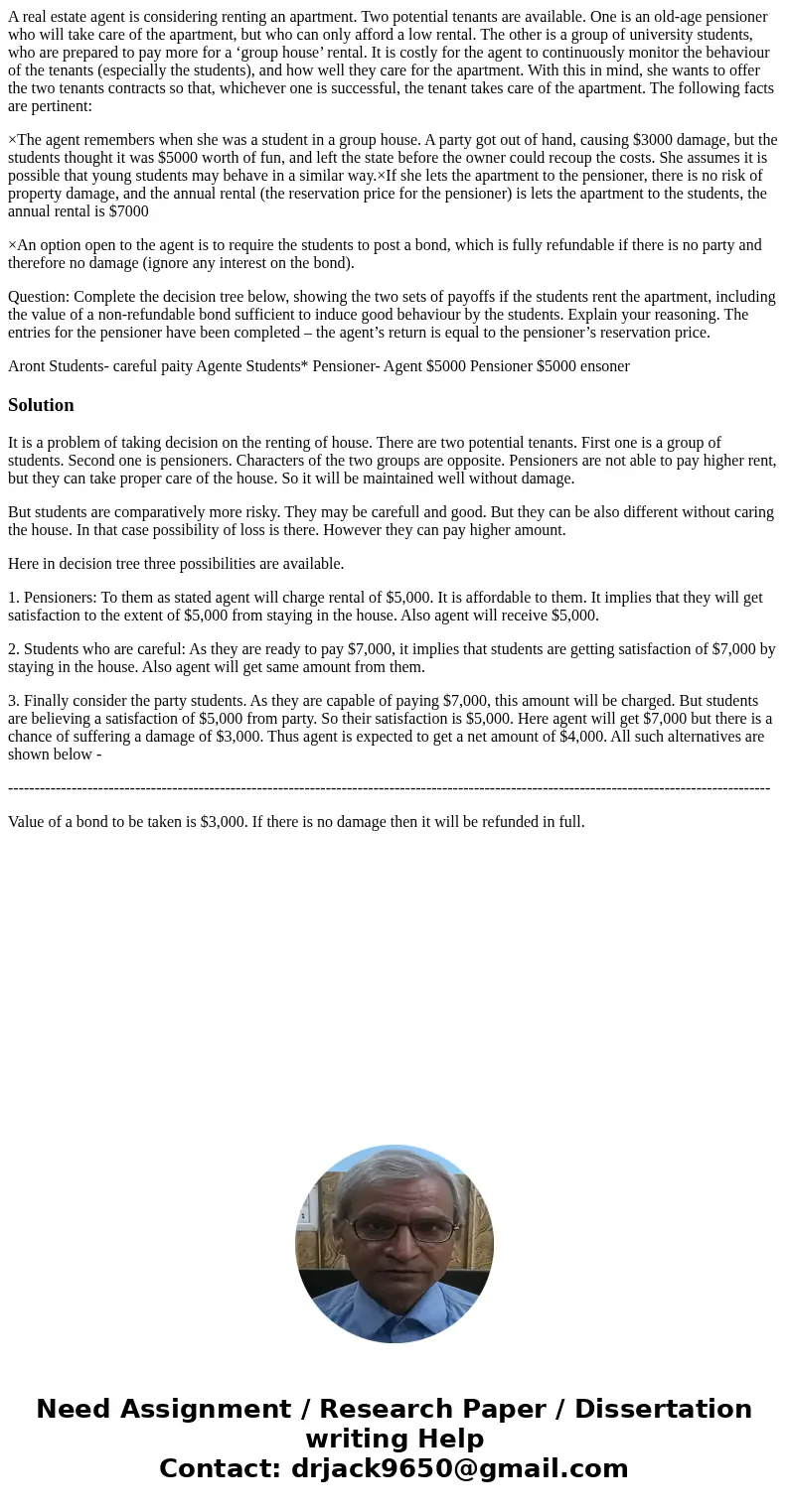 A real estate agent is considering renting an apartment. Two potential tenants are available. One is an old-age pensioner who will take care of the apartment, b